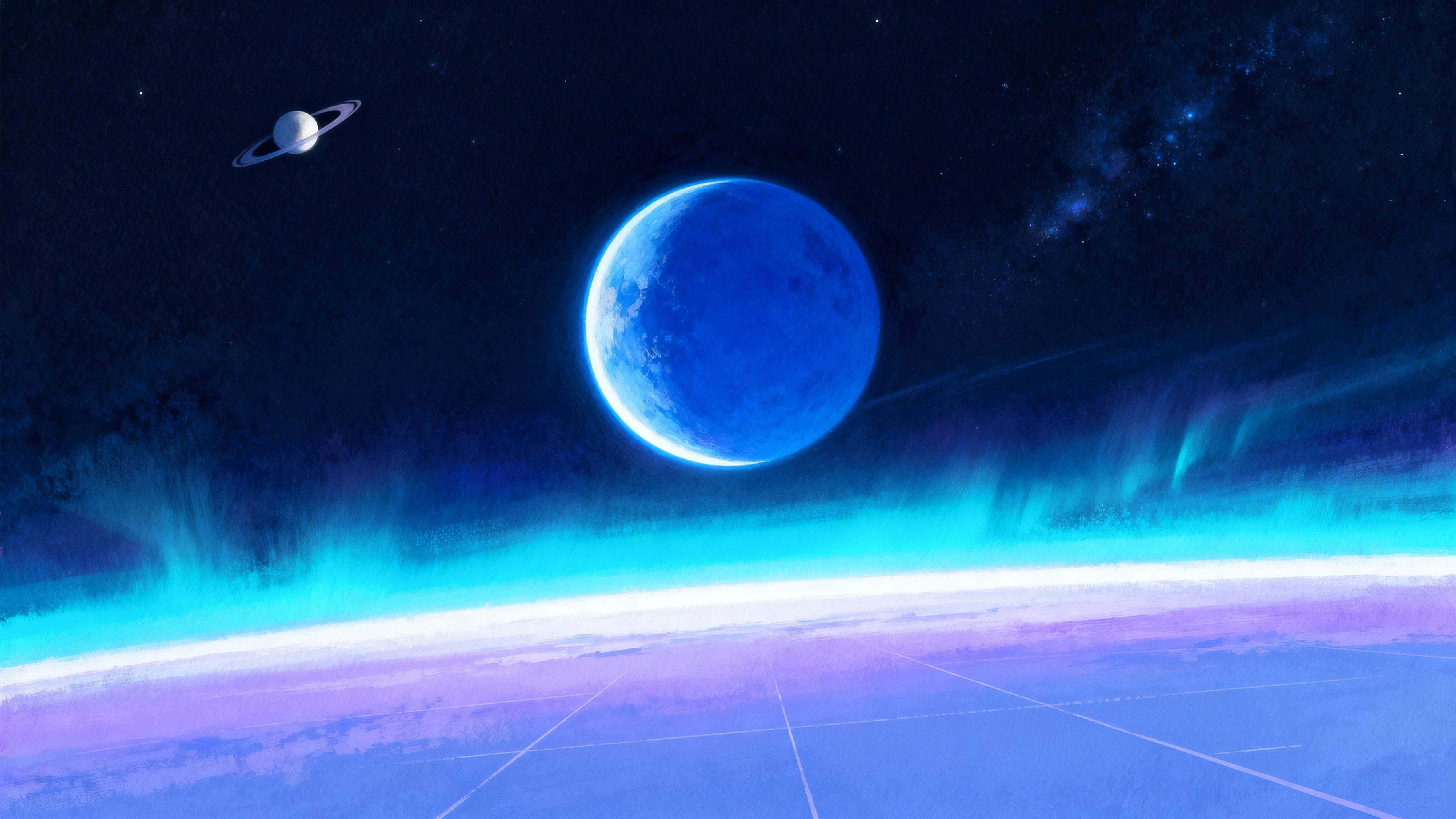 A distant blue planet hangs against deep space, its atmosphere glowing with layered auroral bands and a soft halo of light that suggests quiet, expansive alien beauty and serene scale.