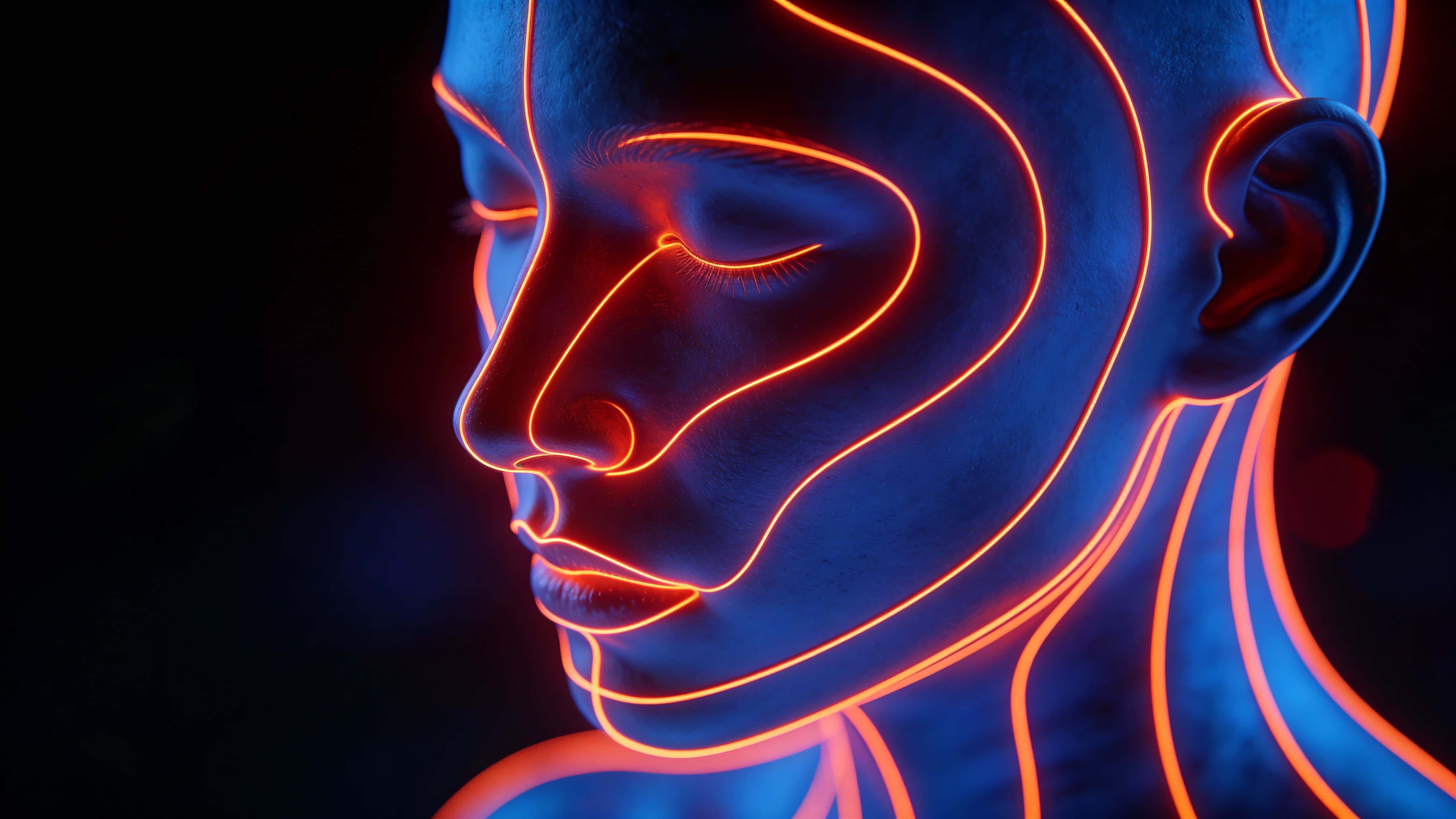 Close-up side profile of a smooth, sculpted human face in deep blue with closed eyes, wrapped in thin luminous orange and red contour lines over a dark minimal background.