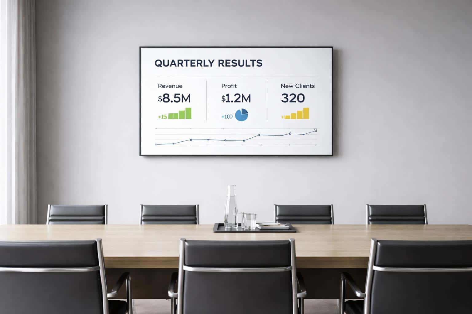 Minimal boardroom interior photographed in a 3:2 layout featuring a single wall screen showing quarterly results, composed for a corporate poster-cover image.