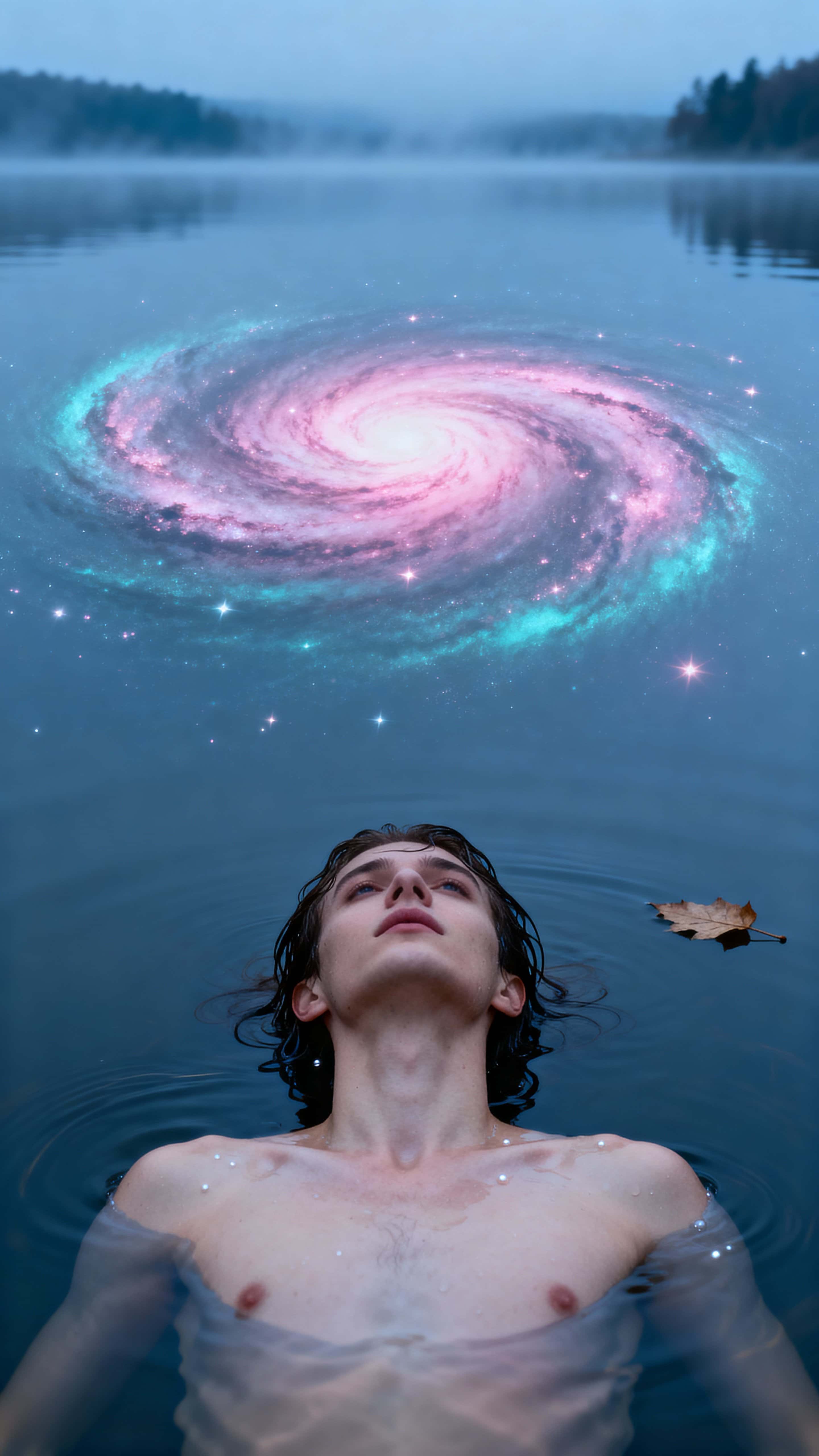 A lone body lies just beneath the mirror-smooth surface of a vertical, 9:16 lake, while a luminous spiral galaxy reflects above like a dreamlit dome.