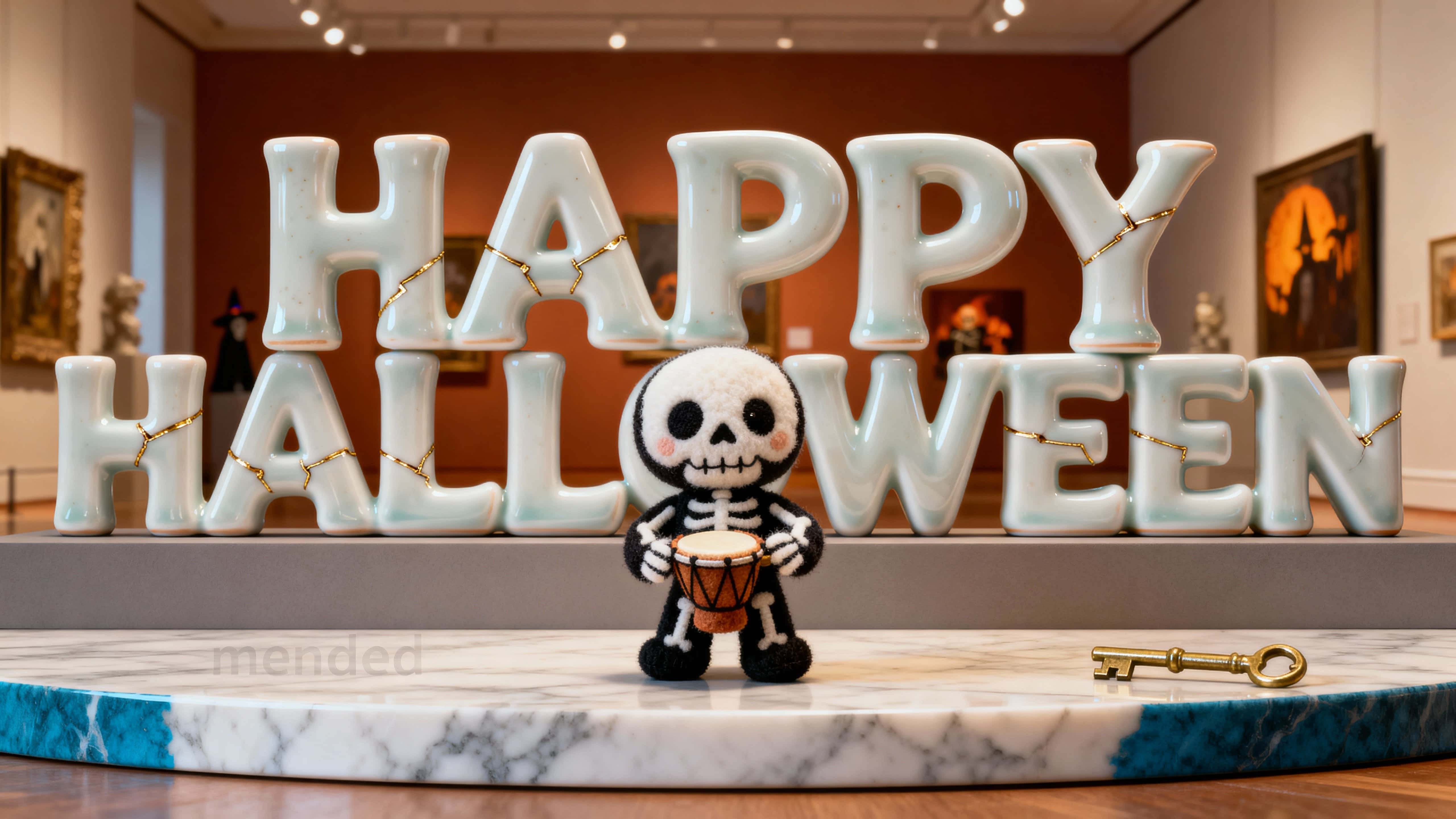 A 16:9 photo-real 3D render of “HAPPY HALLOWEEN” in translucent bone-china (#f3efe9) with gold kintsugi seams (#c89b3a), a plush felt skeleton on a marble base (#e6e9ec) with warm key (#ffb87c) and cool rim (#7fb4d9).