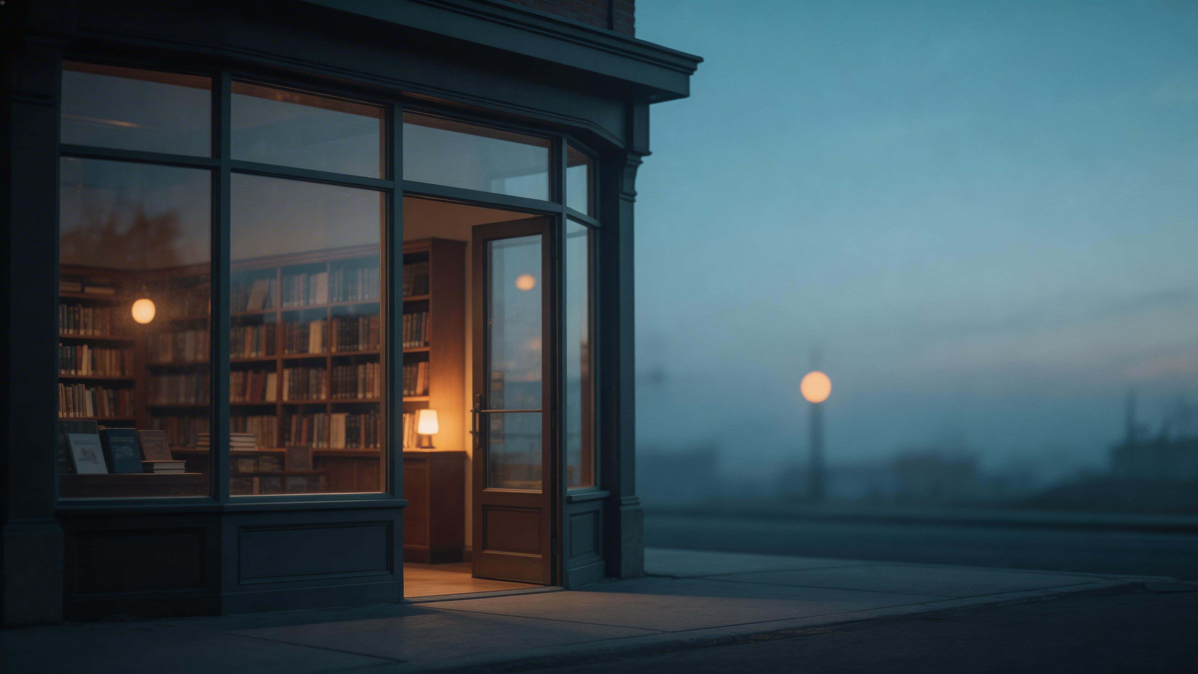 16:9 cinematic dusk street photo of a closed bookstore off-center, dim shelves and a low amber glow inside contrasted with cool blue-grey reflections outside, subtle grain and haze, rich shadows, no people or text.