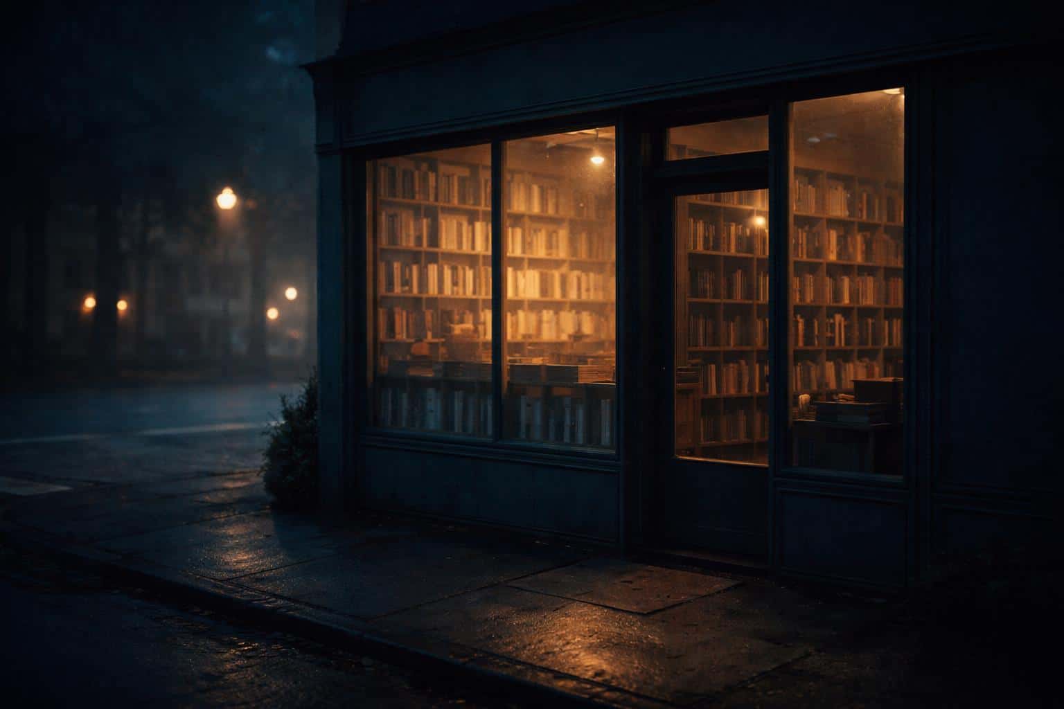 Cinematic 3:2 widescreen photo of a closed small bookstore at dusk, off-center storefront with glass reflections, warm interior glow, cool blue-grey exterior, gentle haze.