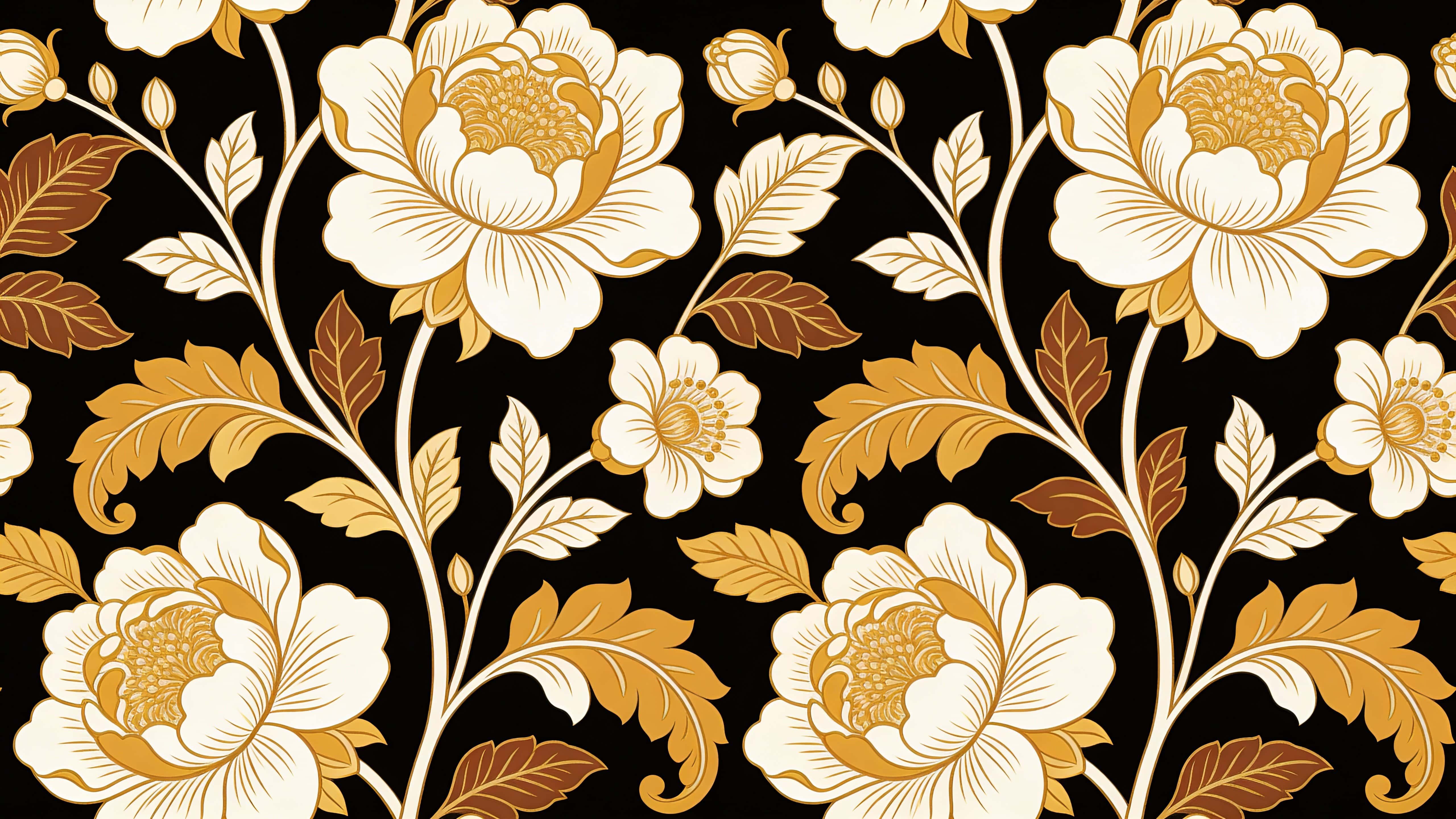 A seamless 16:9 botanical pattern of ornate flowers and foliage on a deep black background, with elegant line work detailing petals, veins, and stems in warm gold, ivory, and subtle brown tones.