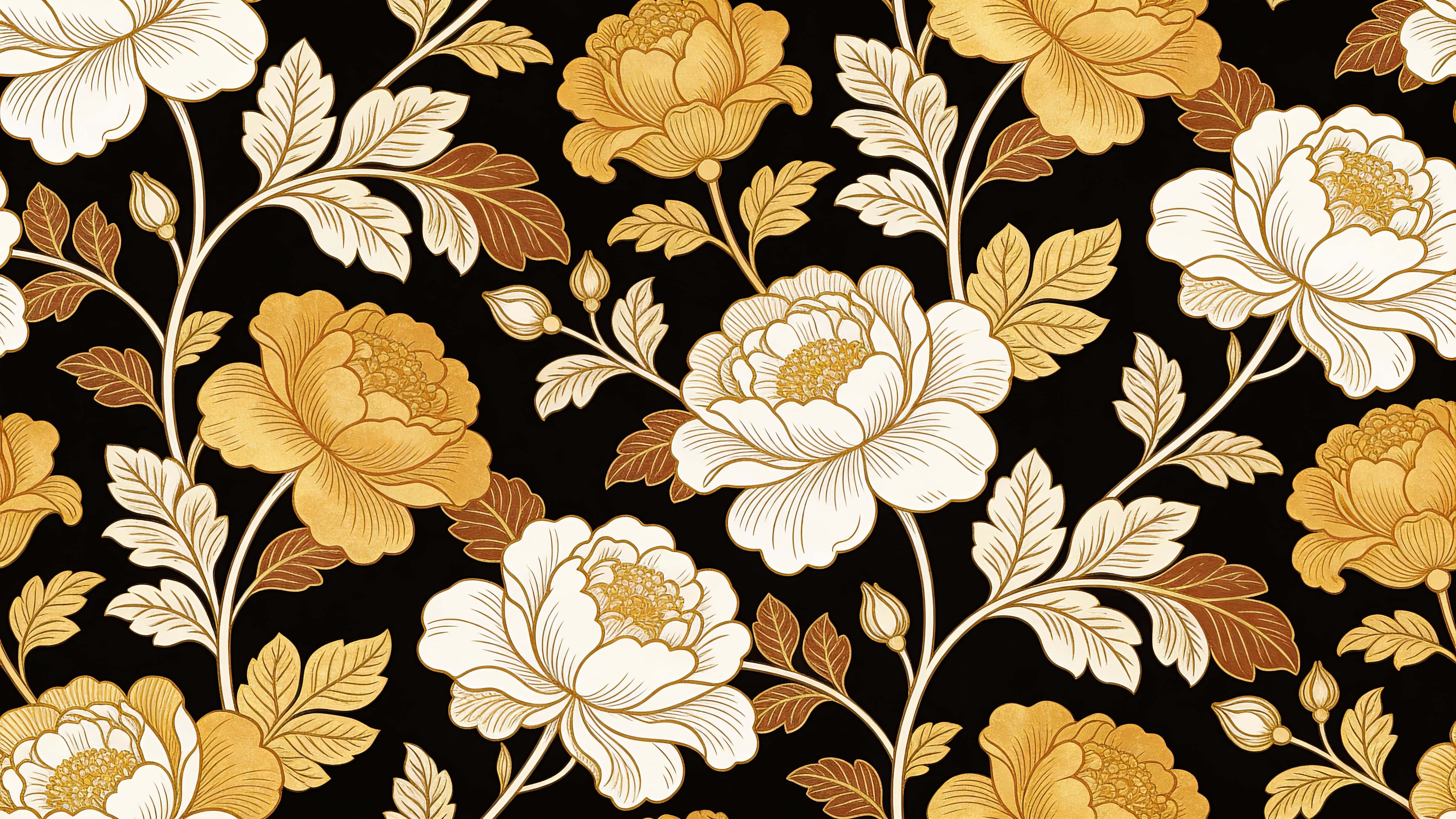 Seamless 16:9 botanical pattern of ornate flowers and foliage on a deep black field, with elegant linework and a rich palette of warm gold, ivory, and brown accents.