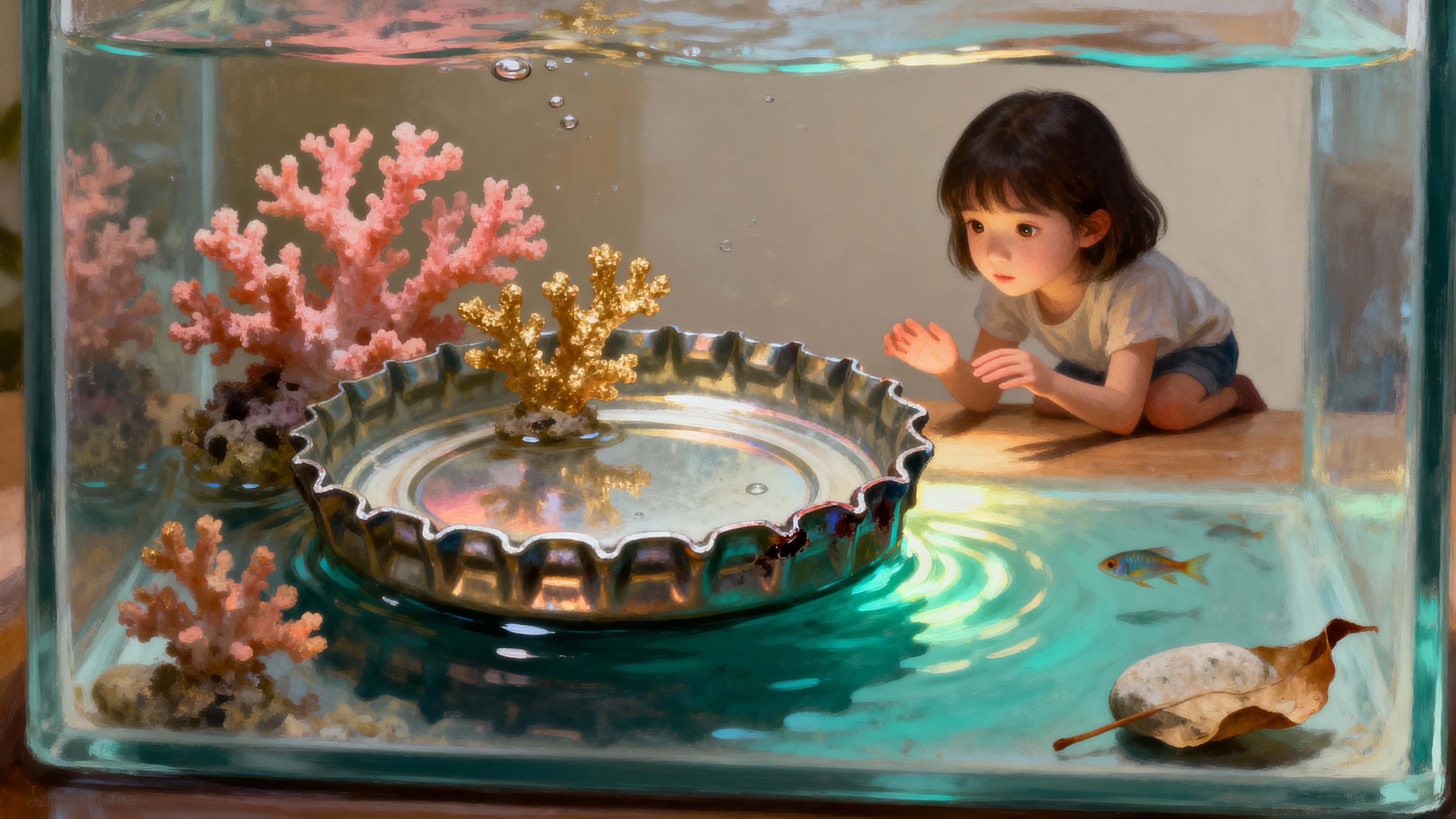 A metal bottle cap holds a shallow glass aquarium of tiny corals and miniature fish while a tiny girl kneels beside it watching the fish swim, rendered with quiet wonder and warm, intimate light.