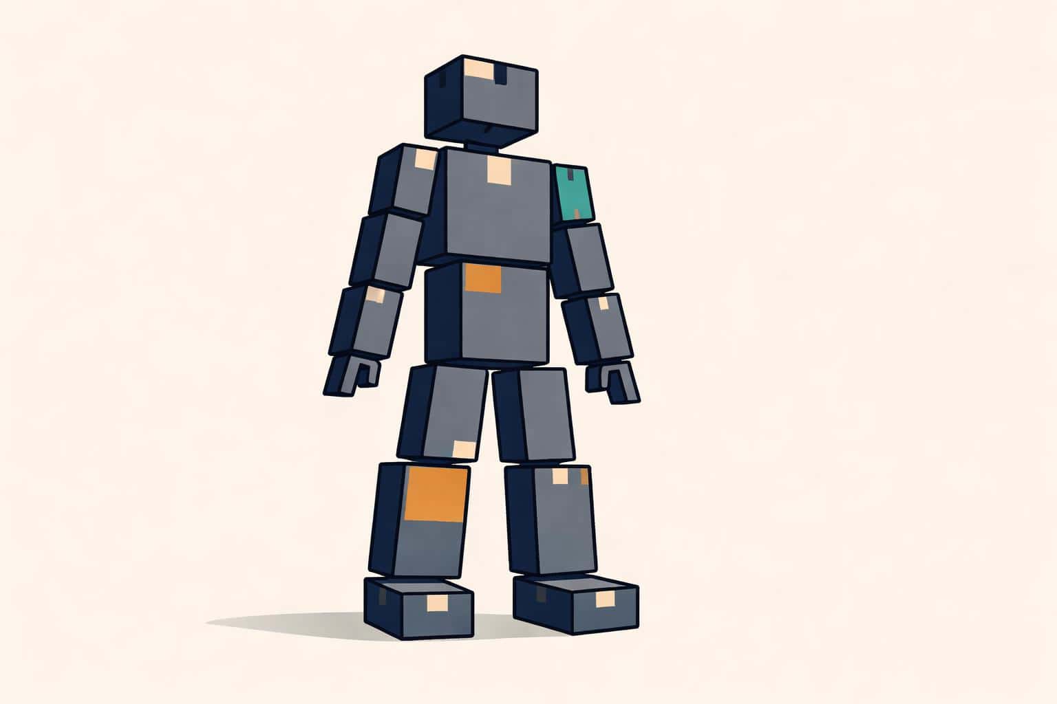Human silhouette built from stacked boxes, rendered as a clean vector illustration for poster or editorial cover to symbolize logistics as people.