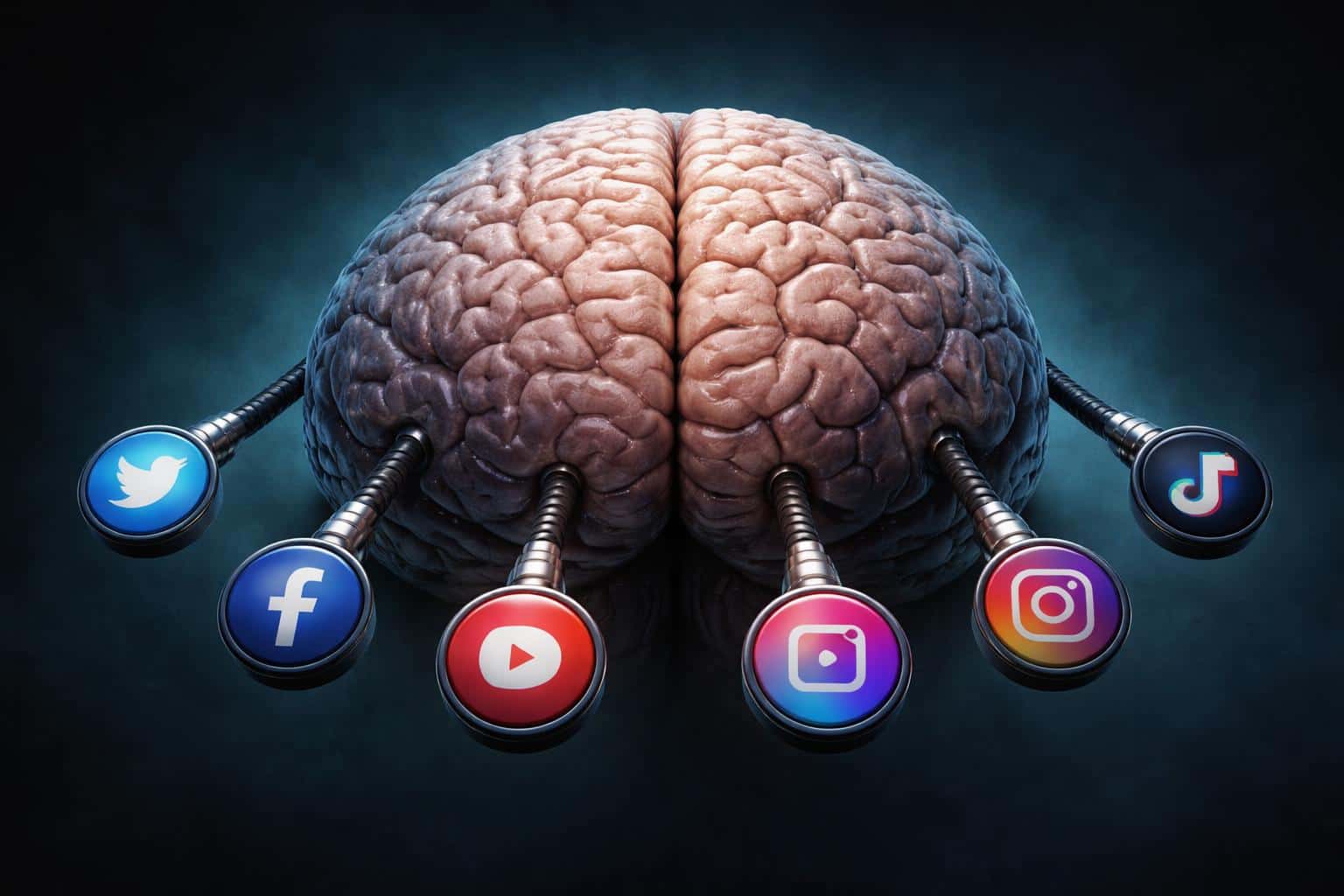 A conceptual digital-painting of a human brain with cables plugged into social media icons, composed for a 3:2 poster-cover with dramatic rim lighting and texture detail.