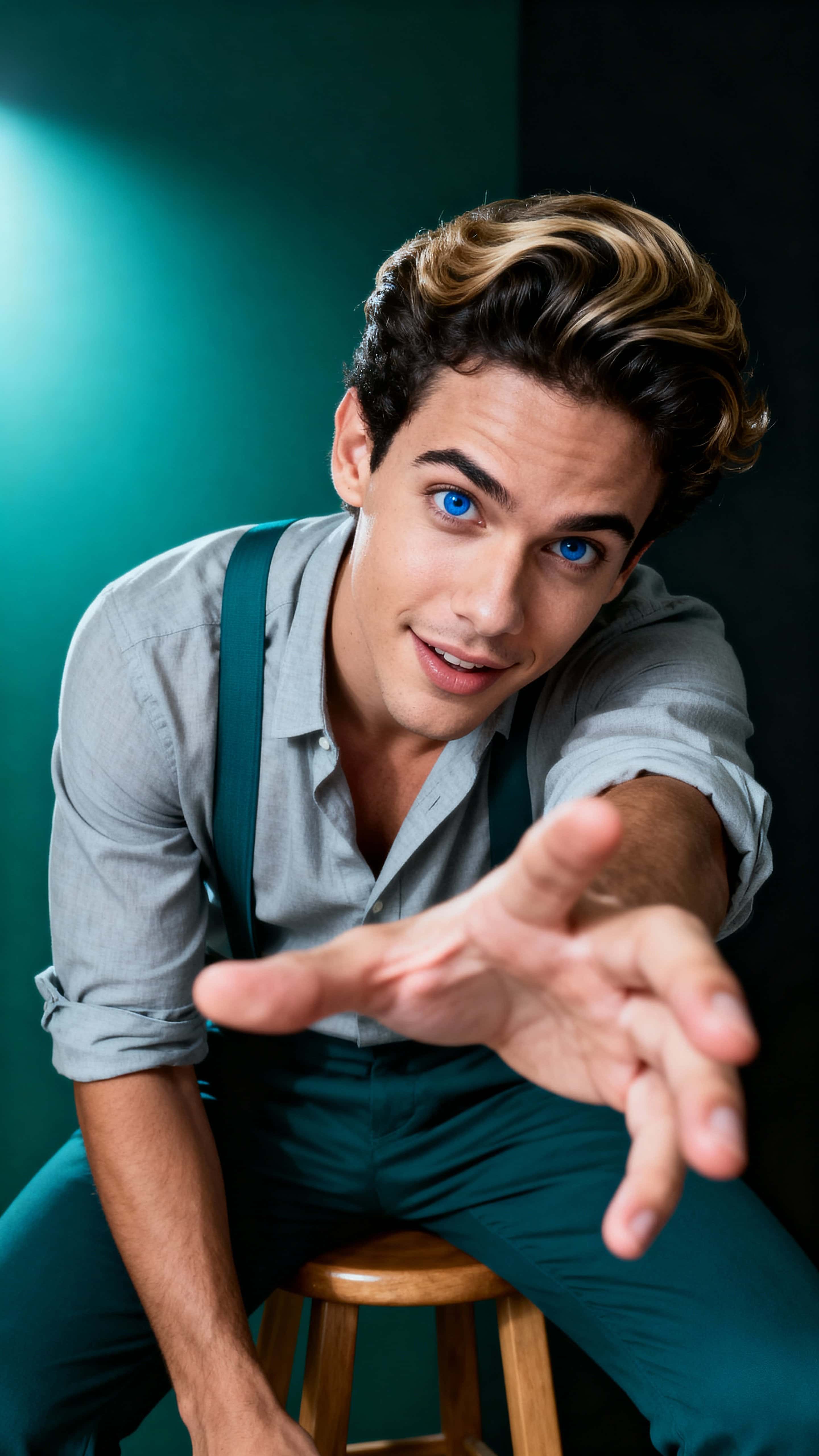 Mid-torso studio portrait of a 27-year-old Brazilian man with alabaster skin and wavy dark blond hair leaning forward on a wooden stool, one hand reaching toward the viewer against a deep desaturated teal backdrop.