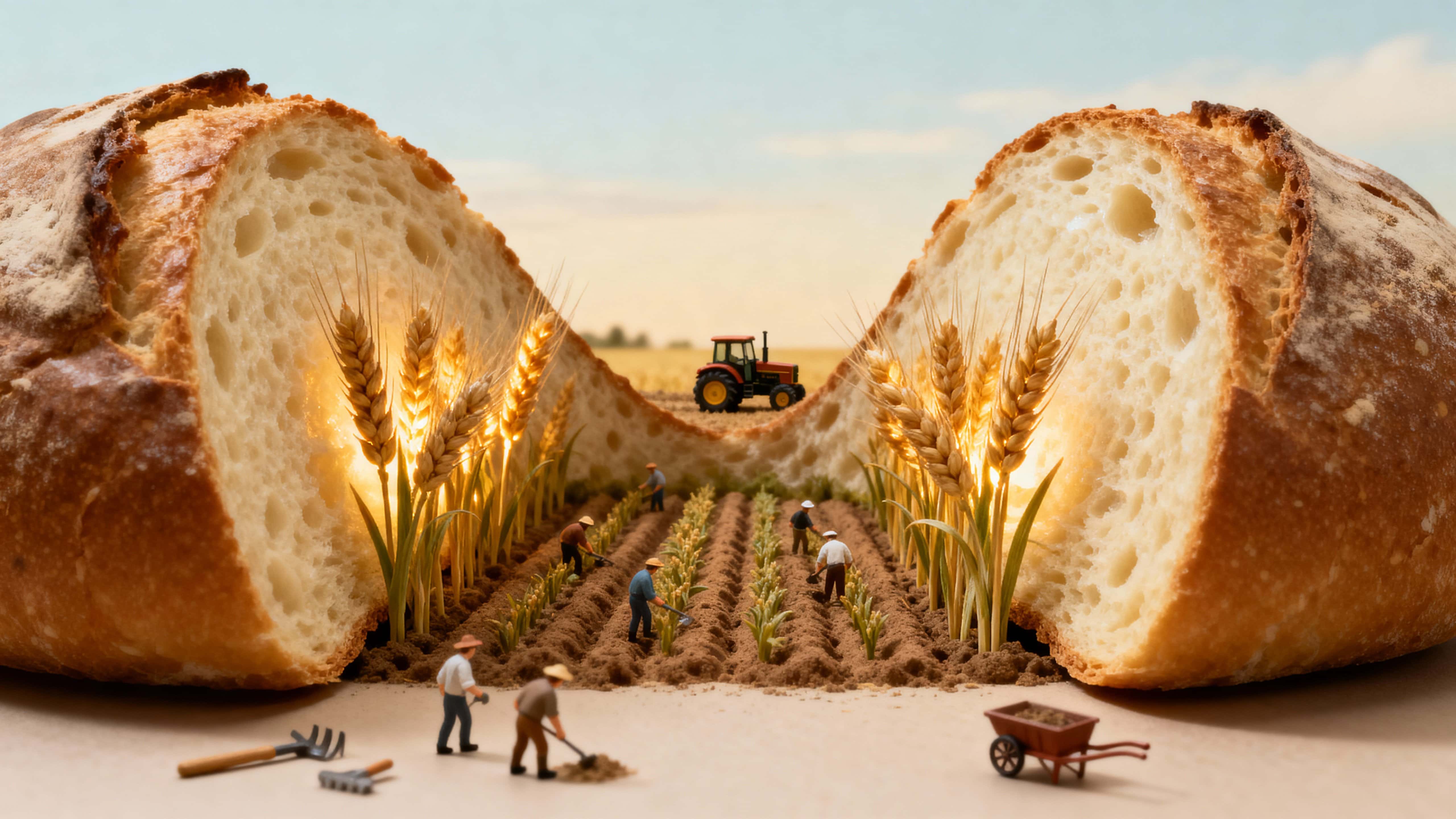 A sliced loaf opens to reveal a tiny golden wheat field inside the crumb, where miniature farmers tend rows, scattered tools dot the furrows, and a small tractor crests the crust like a ridge.