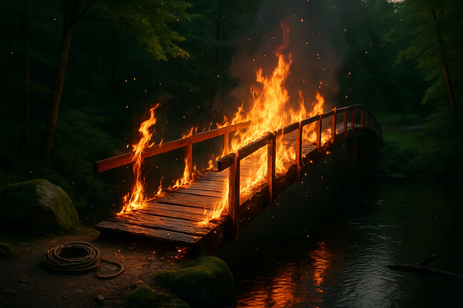 A wooden bridge set alight at twilight cuts through a quiet forest, the blaze symbolizing irrevocable rupture. The scene balances serene greenery and consuming fire, capturing the paradox of peaceful surroundings and intentional destruction in a single photographic moment.