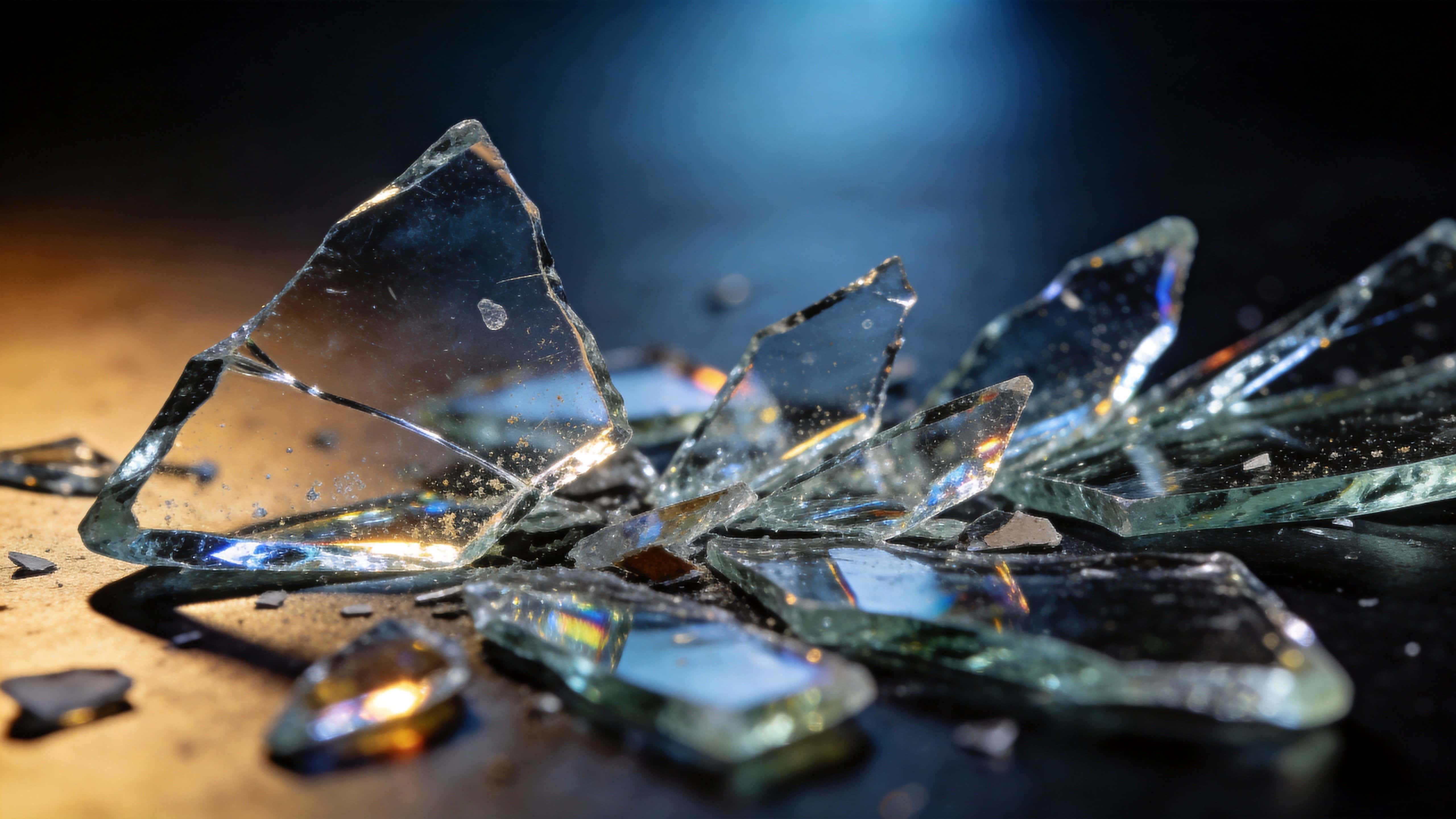 16:9 abstract close-up photograph of broken glass shards reflecting cool and warm light, arranged for a moody wallpaper composition with deep contrast.