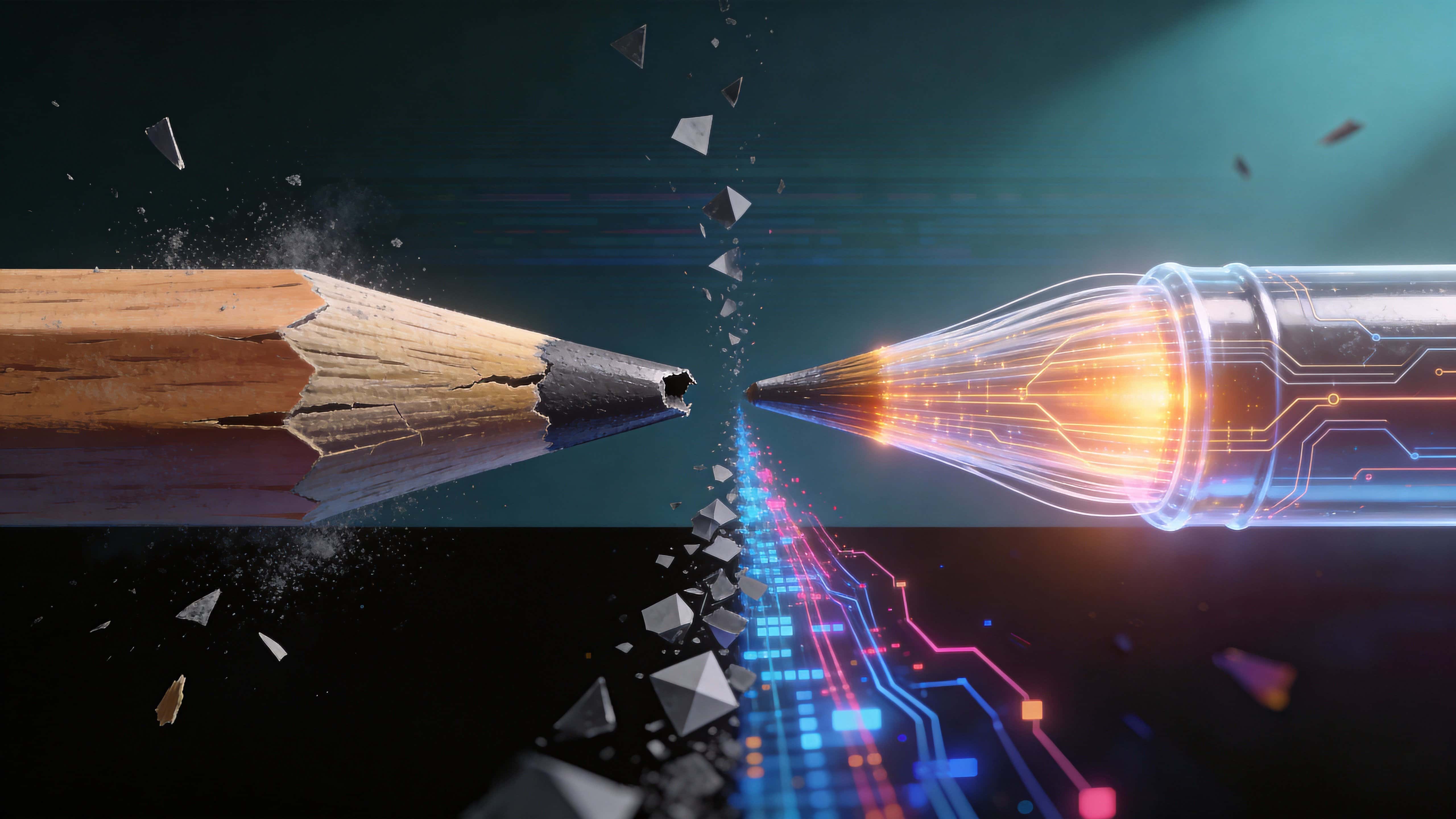 Surreal digital painting of a broken pencil morphing into a glowing digital brush, composed for 16:9 poster-cover with neon accents and dramatic contrast.