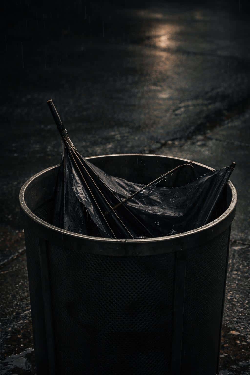 Vertical 2:3 still-life of a torn umbrella lying in an unmarked metal trash bin on a wet sidewalk, dim cool light and muted tones conveying quiet abandonment.