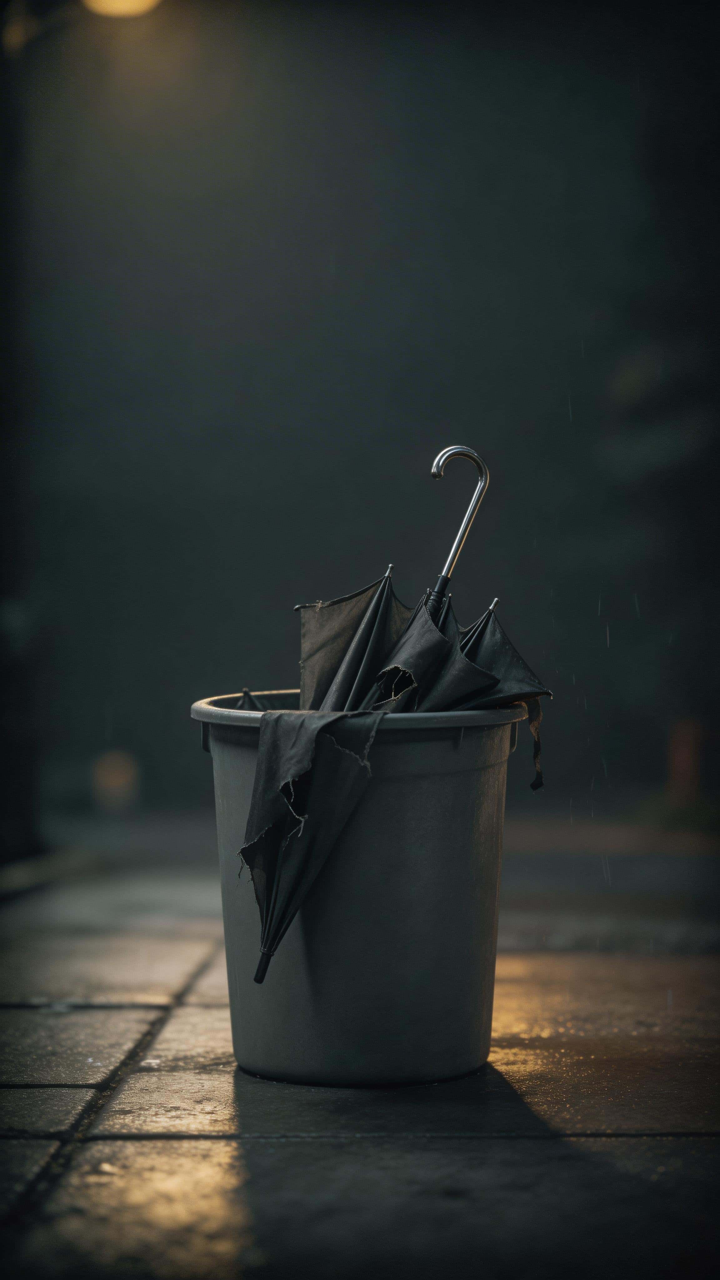 9:16 vertical still-life photograph of a torn umbrella lying in a simple metal trash bin on a wet sidewalk, dim cool light and muted tones evoking quiet abandonment.