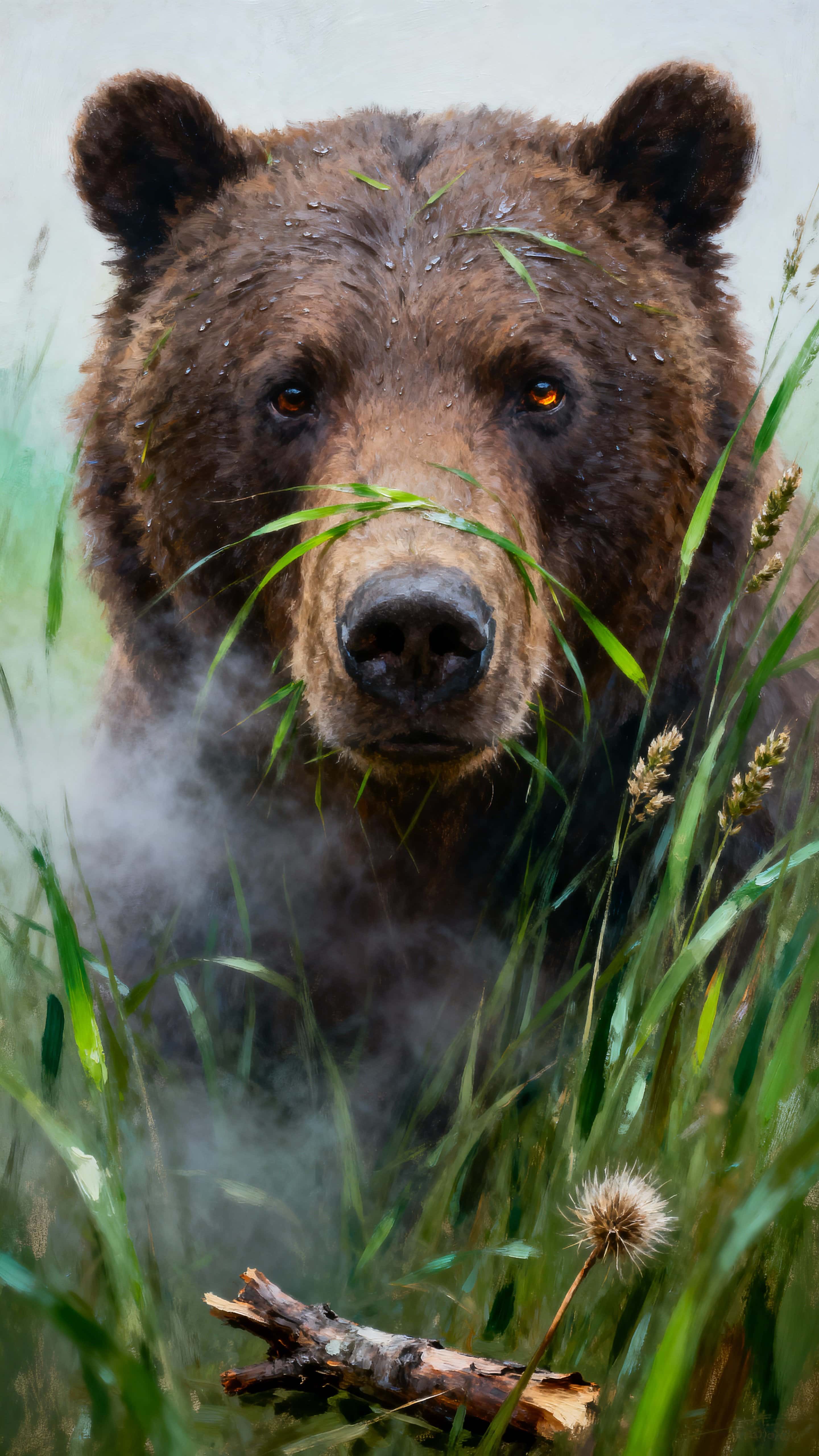 A brown bear's head rises through tall grass in low drifting mist with gentle green illumination, soft fur highlights, and a peaceful watchful expression suitable for a vertical wallpaper.