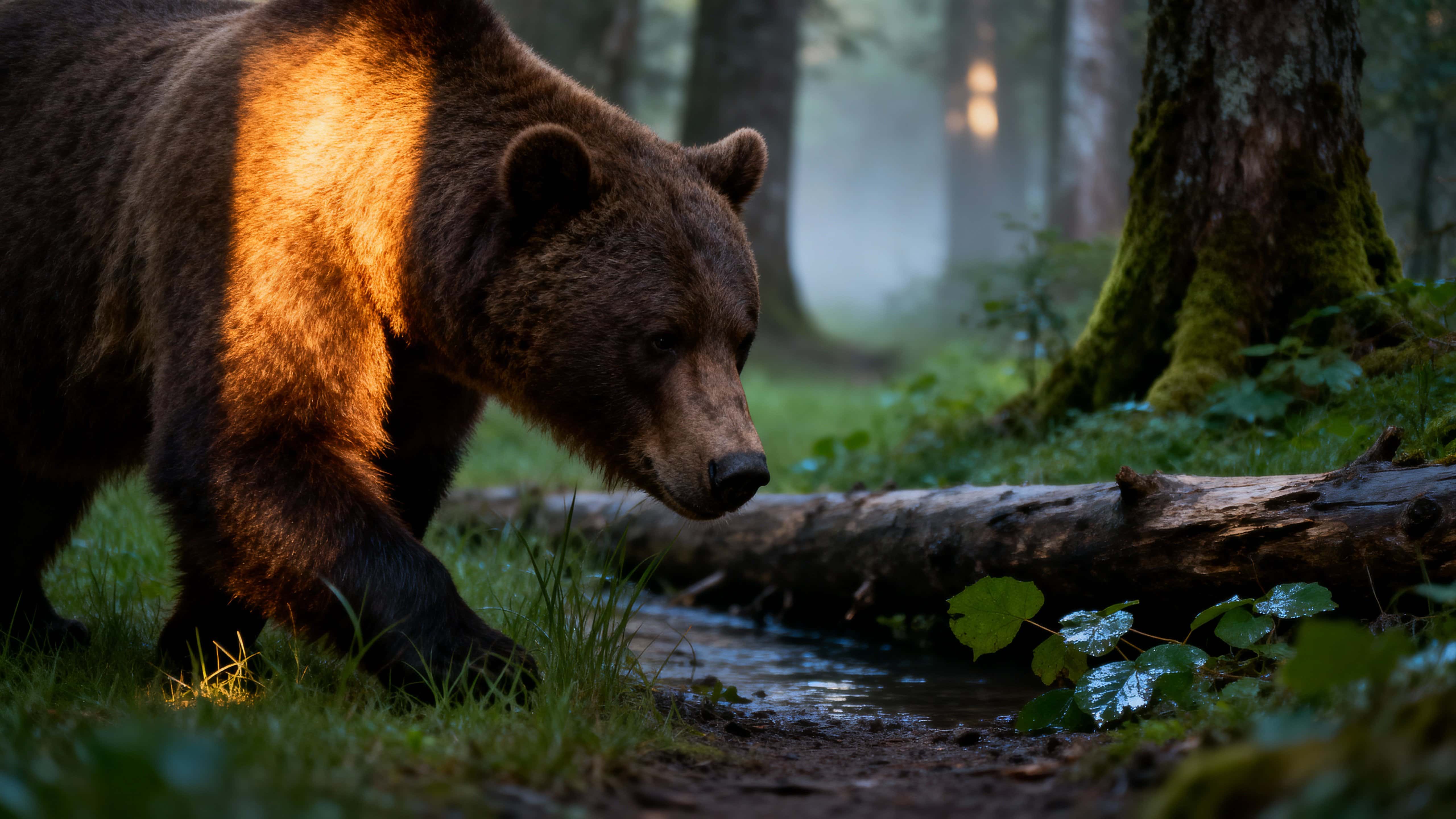 A brown bear moves through a dense forest with a single beam of warm sunlight carving a dramatic diagonal across its fur and the mossy ground beneath it.