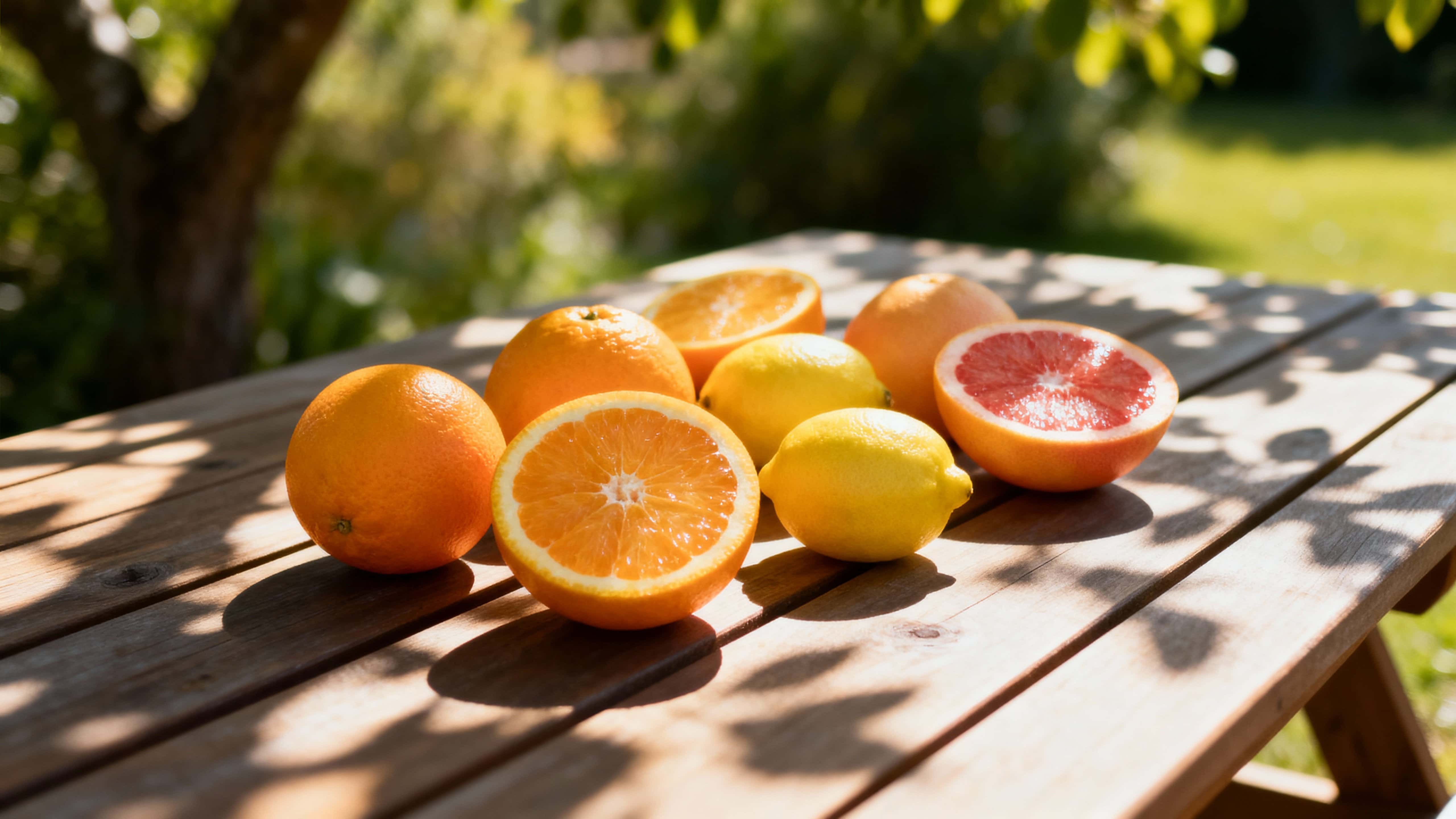 A 16:9 sunlit outdoor brunch table staged with citrus fruits and summer tableware, sunlight filtering through trees for a vibrant DSLR lifestyle composition.