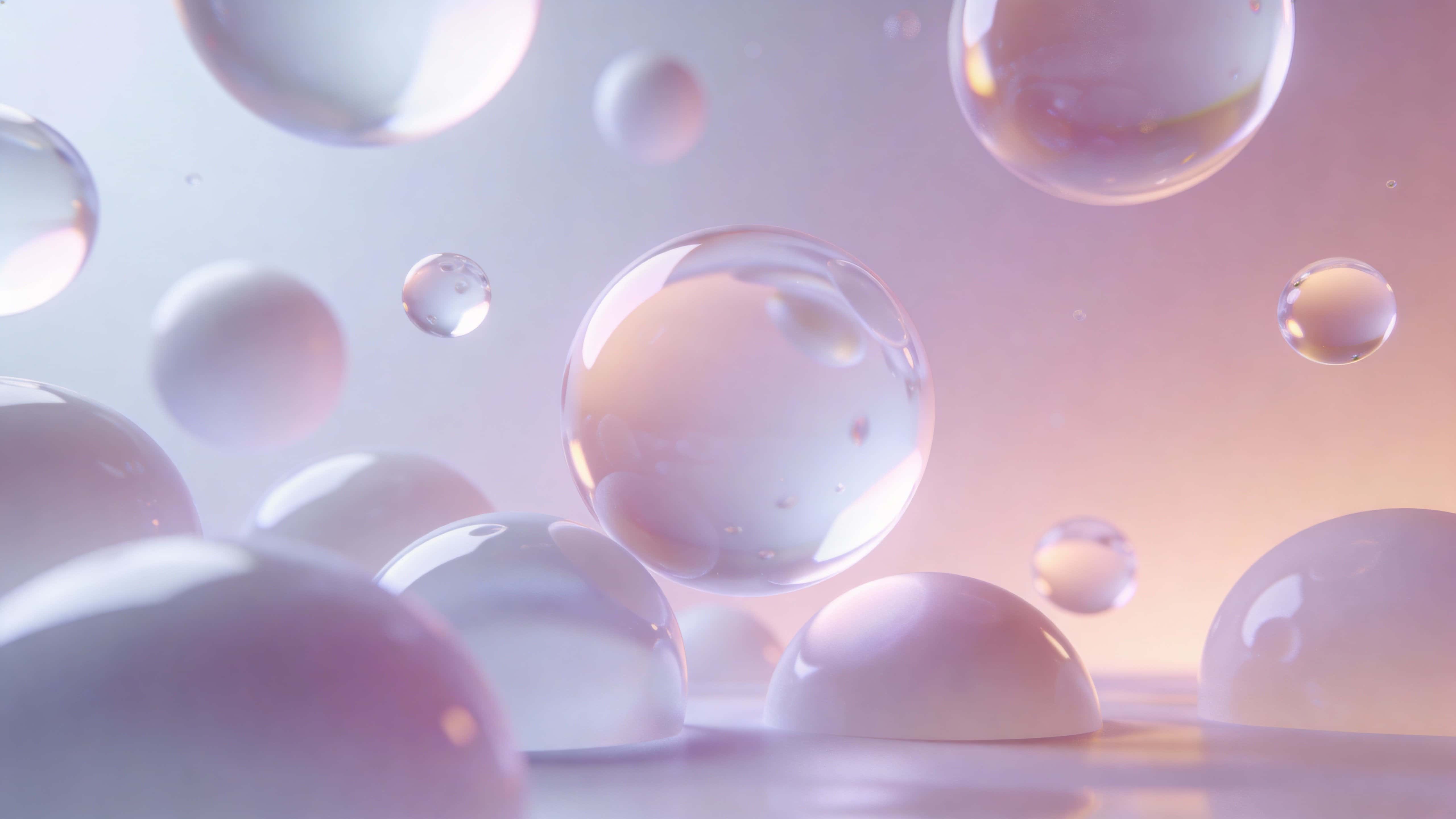 A dreamy, minimalist abstract 3D scene of multiple smooth spherical bubbles floating at varied depths within a soft pastel gradient sky, casting gentle shadows.