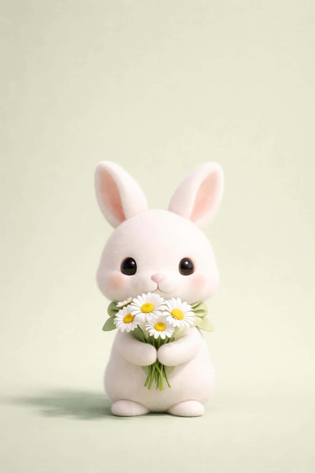 A charming 3D render of a small white bunny holding daisies against a soft sage green backdrop, ideal for a cute mobile wallpaper or story illustration.