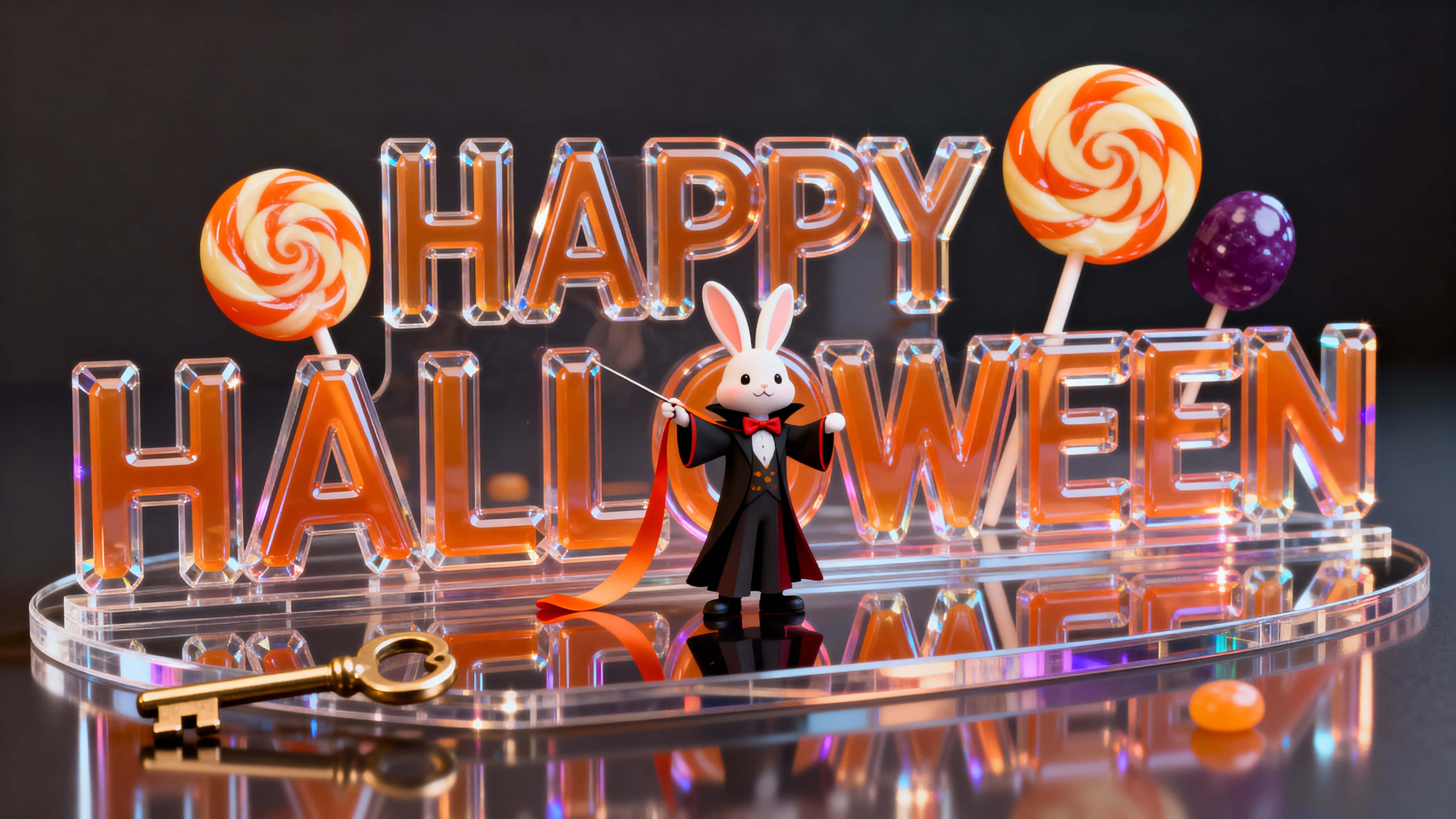 16:9 photo-quality render of extruded glossy acrylic HAPPY HALLOWEEN with embedded orange, cream and grape lollipop swirls; beveled specular edges, a bunny-magician pulling a ribbon from the O, mirrored base.