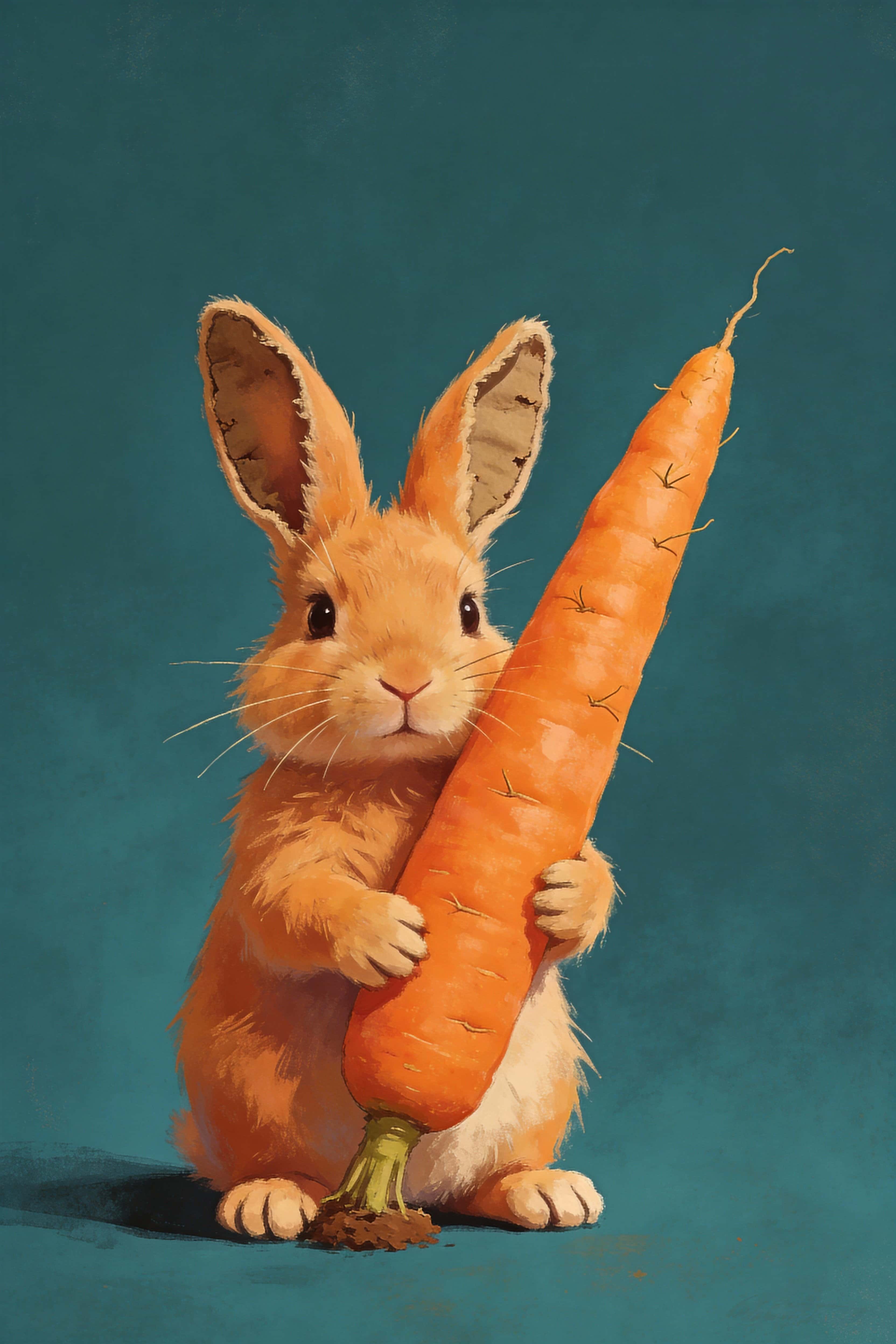 Portrait-oriented digital painting of a small bunny holding a carrot much larger than itself, composed for a 2:3 poster-cover with playful, tactile rendering and clear framing.