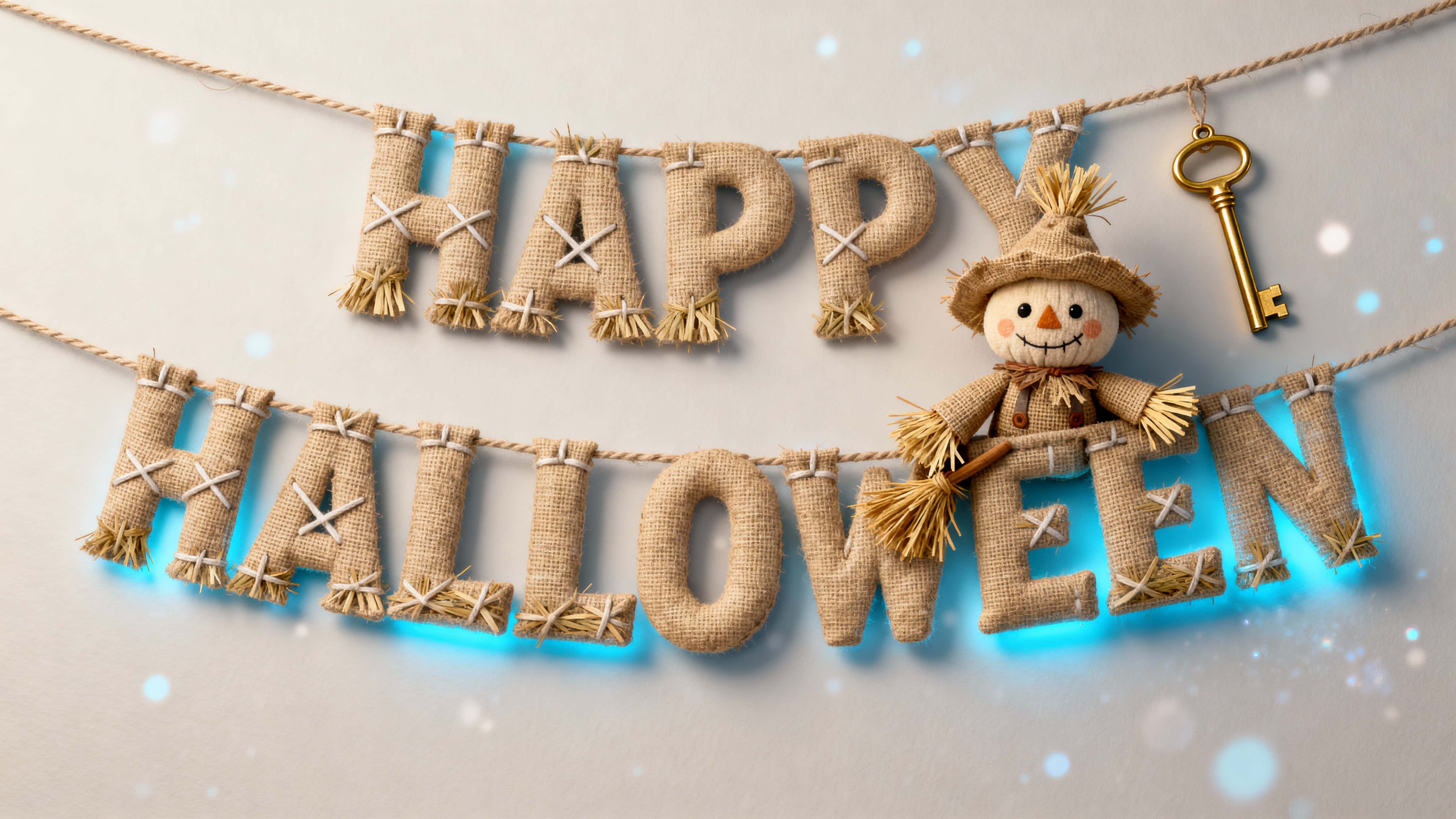 16:9 full-frame scene of HAPPY HALLOWEEN sewn from stuffed burlap tan letters with twine-brown cross-stitches, a cute burlap-and-straw scarecrow tucking straw-yellow tufts into the E, a golden harvest key, cool sky-blue rim and warm amber-d