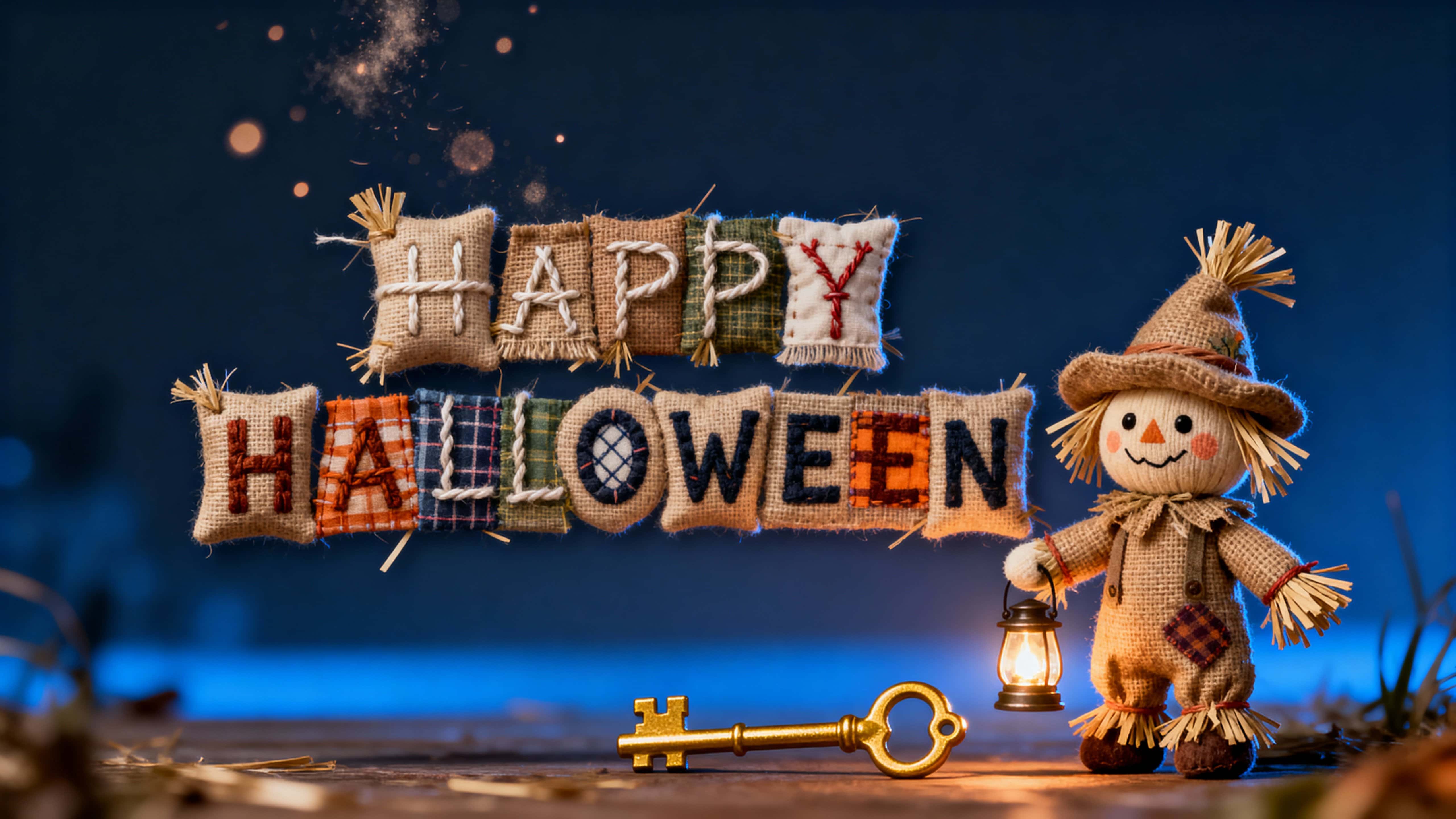 Full-frame 16:9 photo-realistic scene of HAPPY HALLOWEEN letters sewn from burlap with straw and twine, a cute scarecrow at far right holding a tiny lantern, a golden key and blue-hour rim with dust motes, framed by clean card margins.
