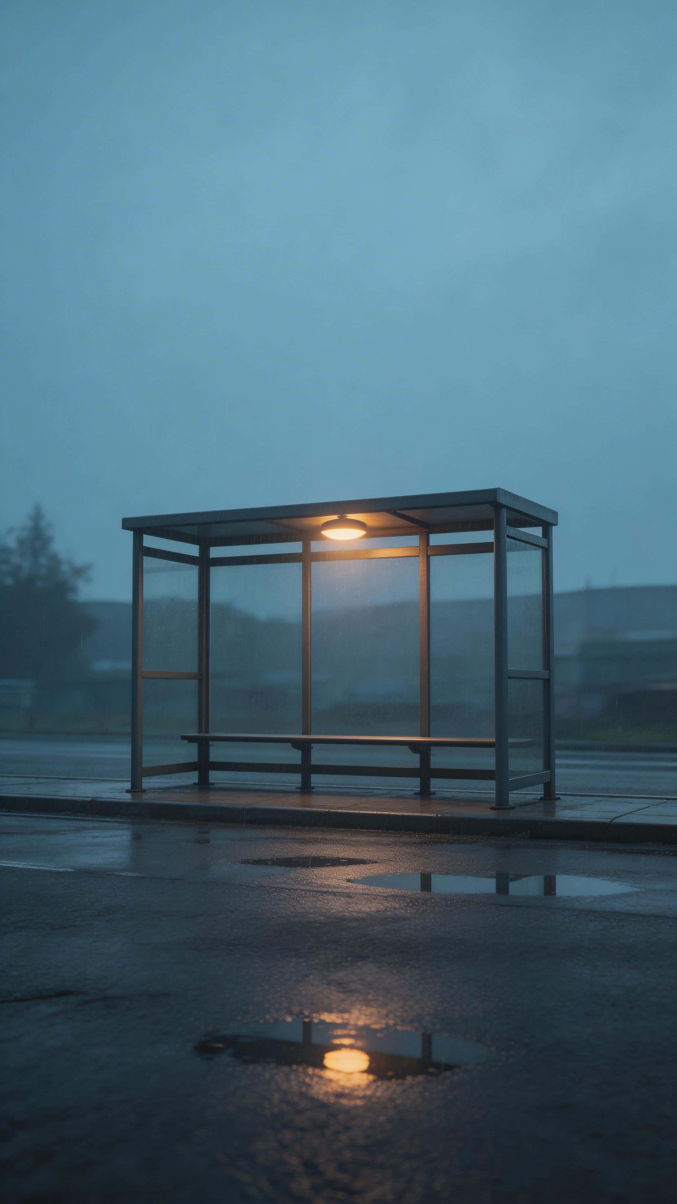 9:16 vertical cinematic editorial street photograph of an empty bus stop at dusk with wet pavement, lamp glow, subdued slate-blue and charcoal tones and faint amber highlights.