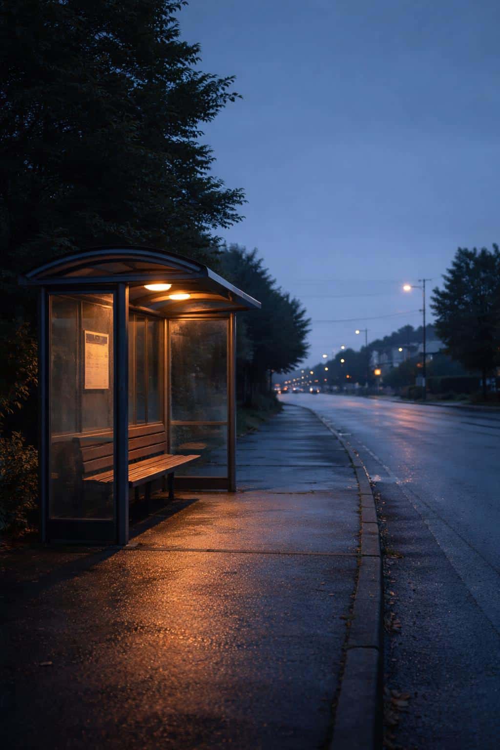 Empty bus stop in a low-key evening street photograph with a 2:3 tall crop, minimal composition and moody lighting for poster or wallpaper use.