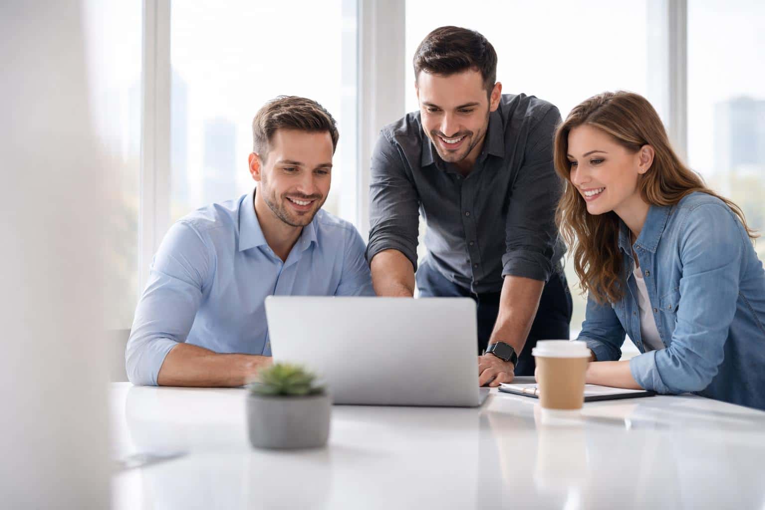 Three professionals huddle around a laptop in a bright, high-key office setting with a blurred city background, perfect for corporate lifestyle web banners.