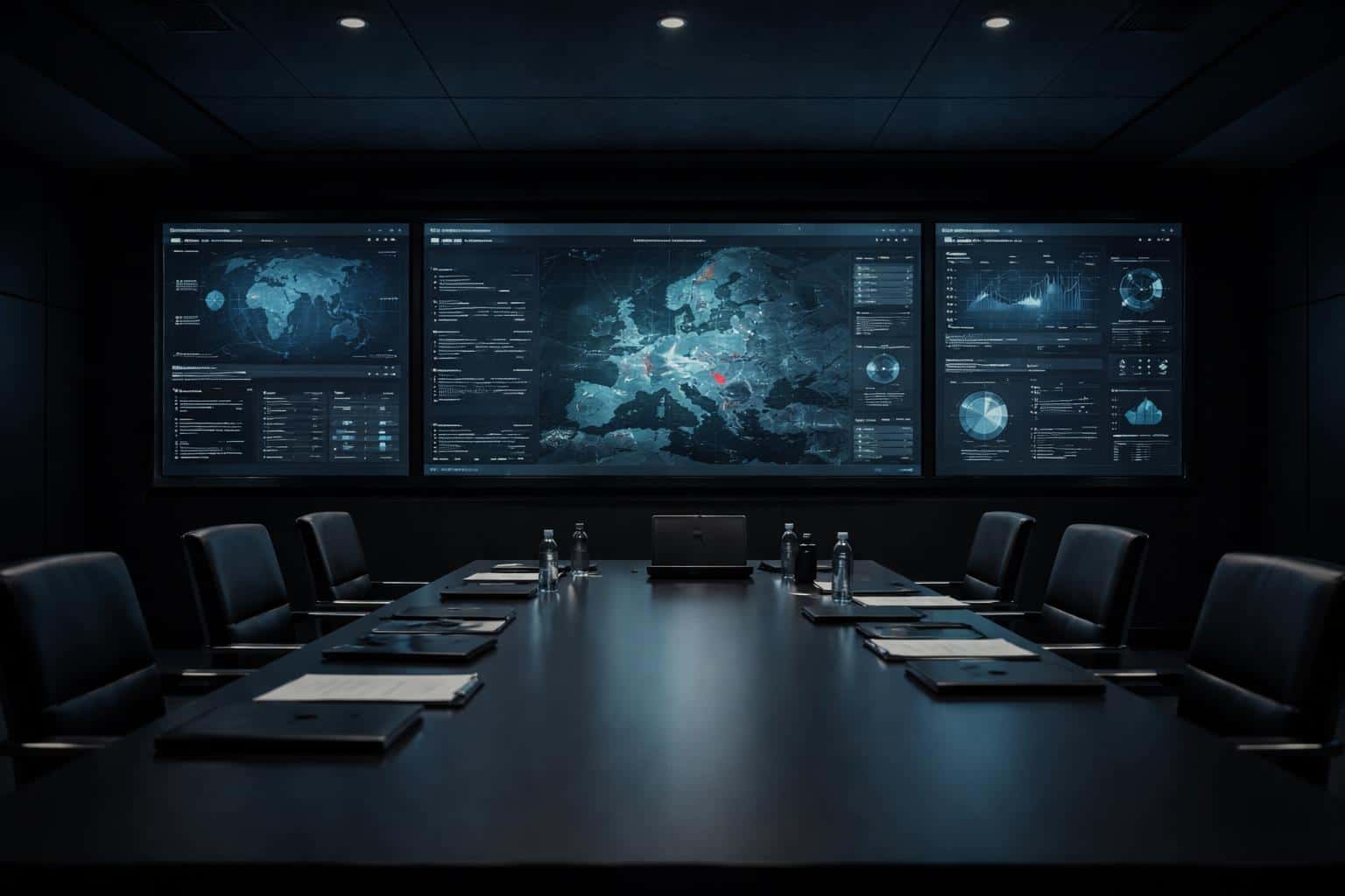 Dark minimal business war-room interior photographed as an editorial interior scene for a poster-cover, featuring strategy screens, low-key lighting, and clean composition.