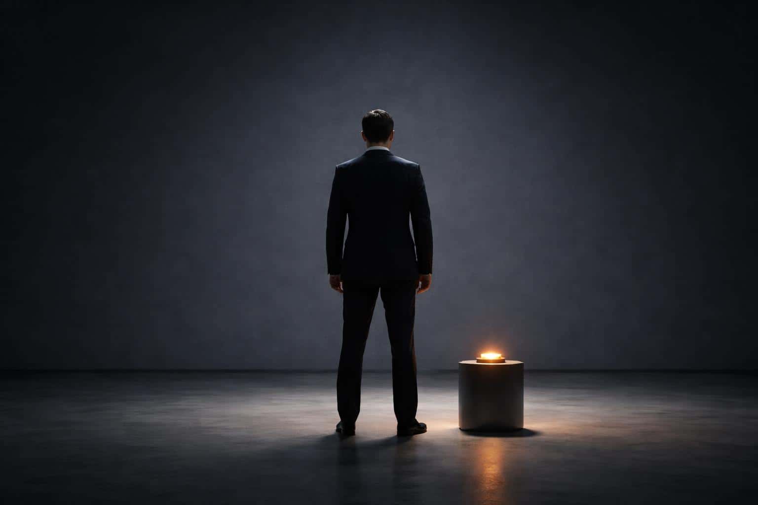 A lone businessman stands before a single illuminated decision button in an empty minimalist room, photographed as a stark editorial portrait for a poster-cover.