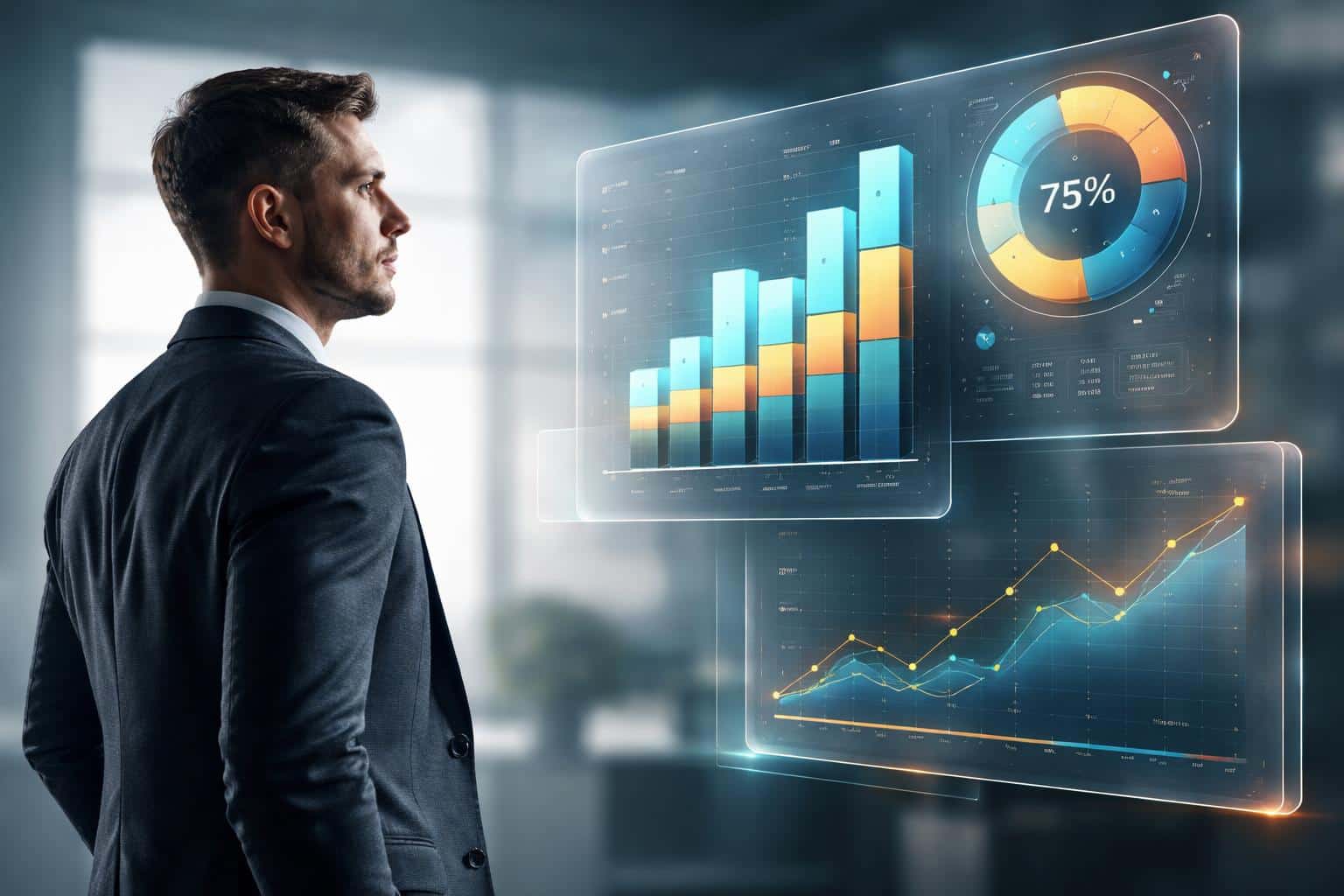 Businessperson studies floating 3D charts in a realistic UI scene, composed for a 3:2 social-post or editorial feature with cinematic lighting and depth.