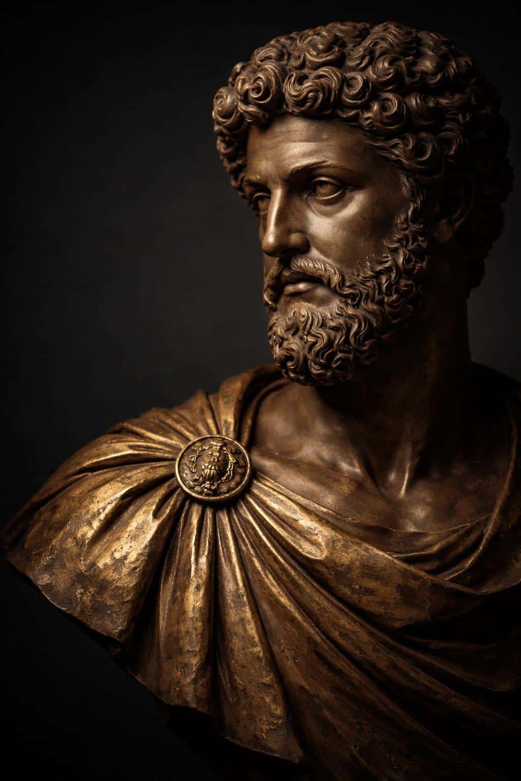 Close-up fine-art photograph of a dark classical bust with gold-leaf accents, composed for a 2:3 vertical crop and tight, dramatic gallery-style presentation.