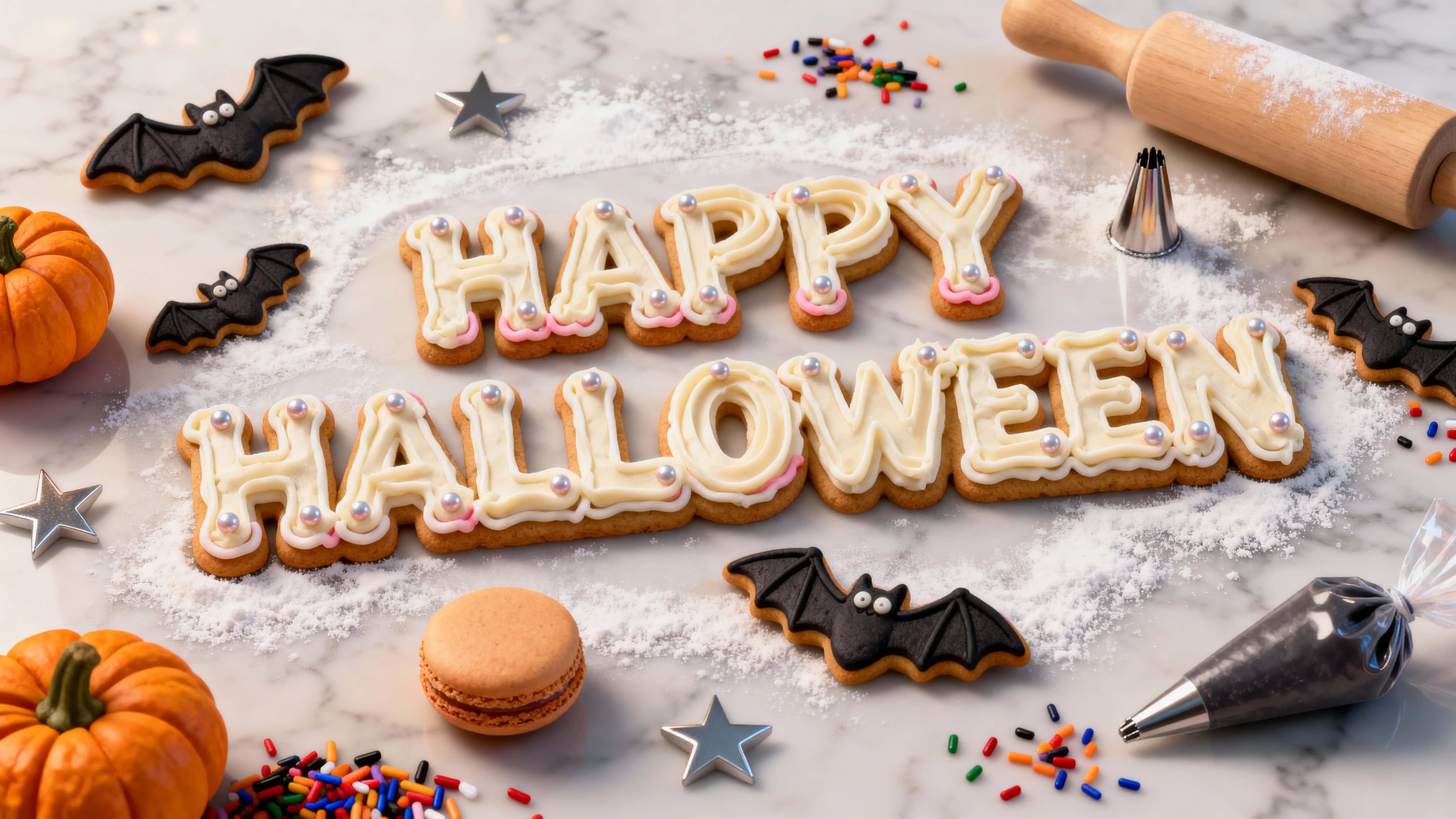 16:9 photo‑real bakery scene of 'HAPPY HALLOWEEN' piped in thick buttercream with fondant edging, sugar pearls, bat cookies and pumpkin macarons on marble; colors #FFF3C4 #FF7A18 #0B0B0C #F6F5F3 #BFC7CC.