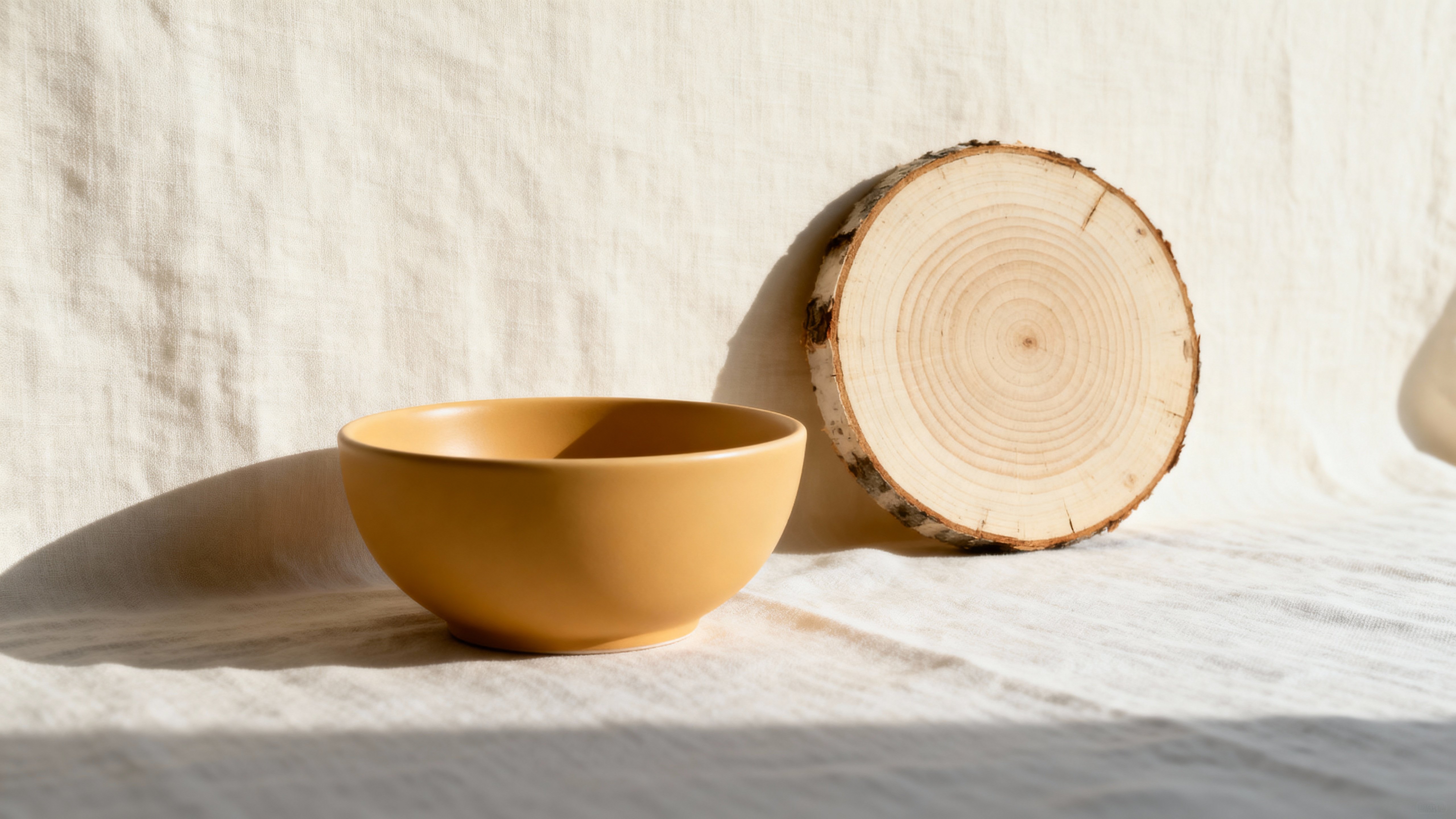 Airy lifestyle still-life of creamy linen, smooth ochre ceramic and a pale birch slice with visible rings on a soft-gray ground, arranged with broad negative space and lateral shadows.