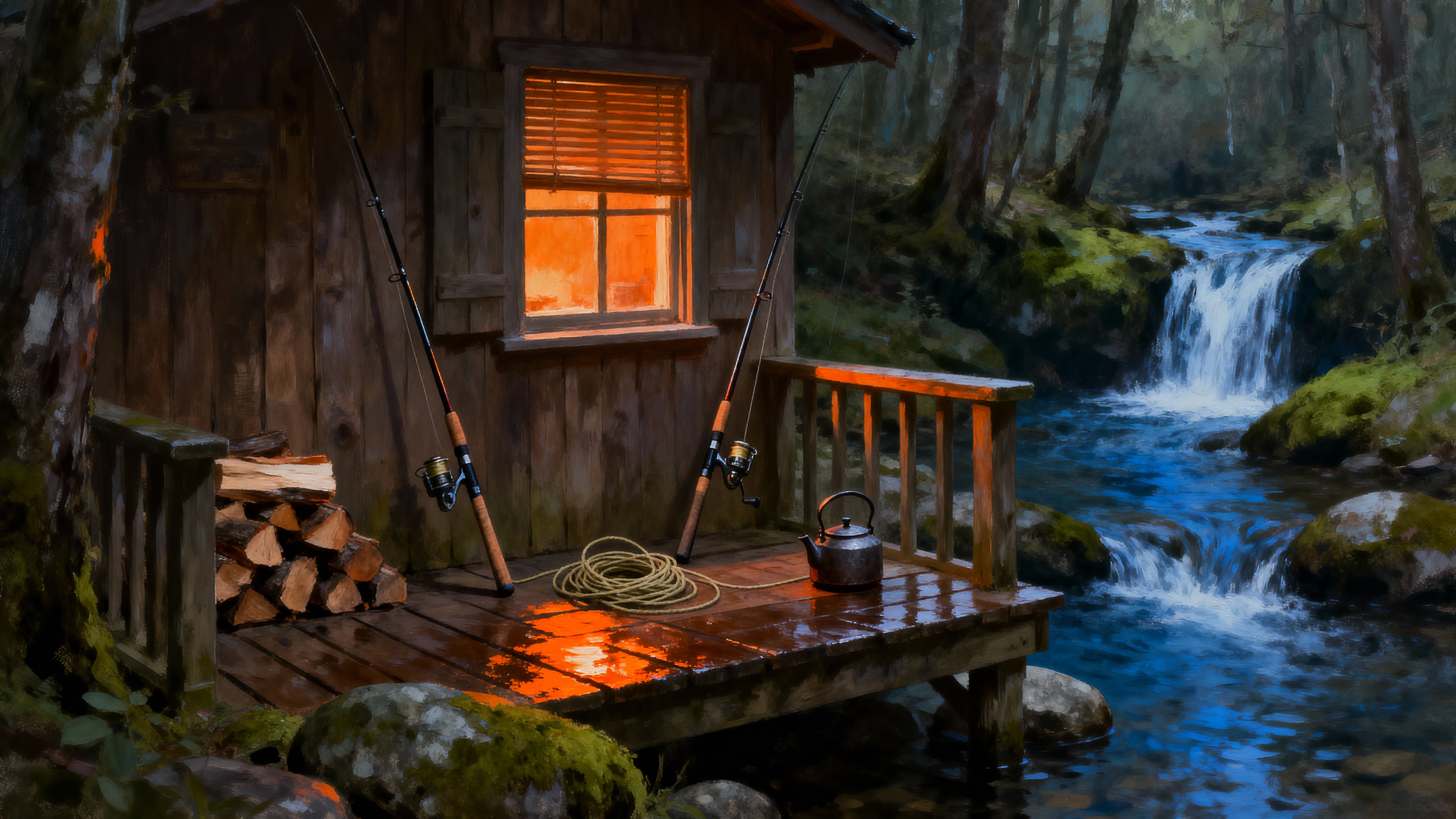 A tiny wooden cabin sits beside a miniature waterfall with fishing rods resting outside and a warm fire glowing in the small window, framed in a 16:9 view for cinematic balance.