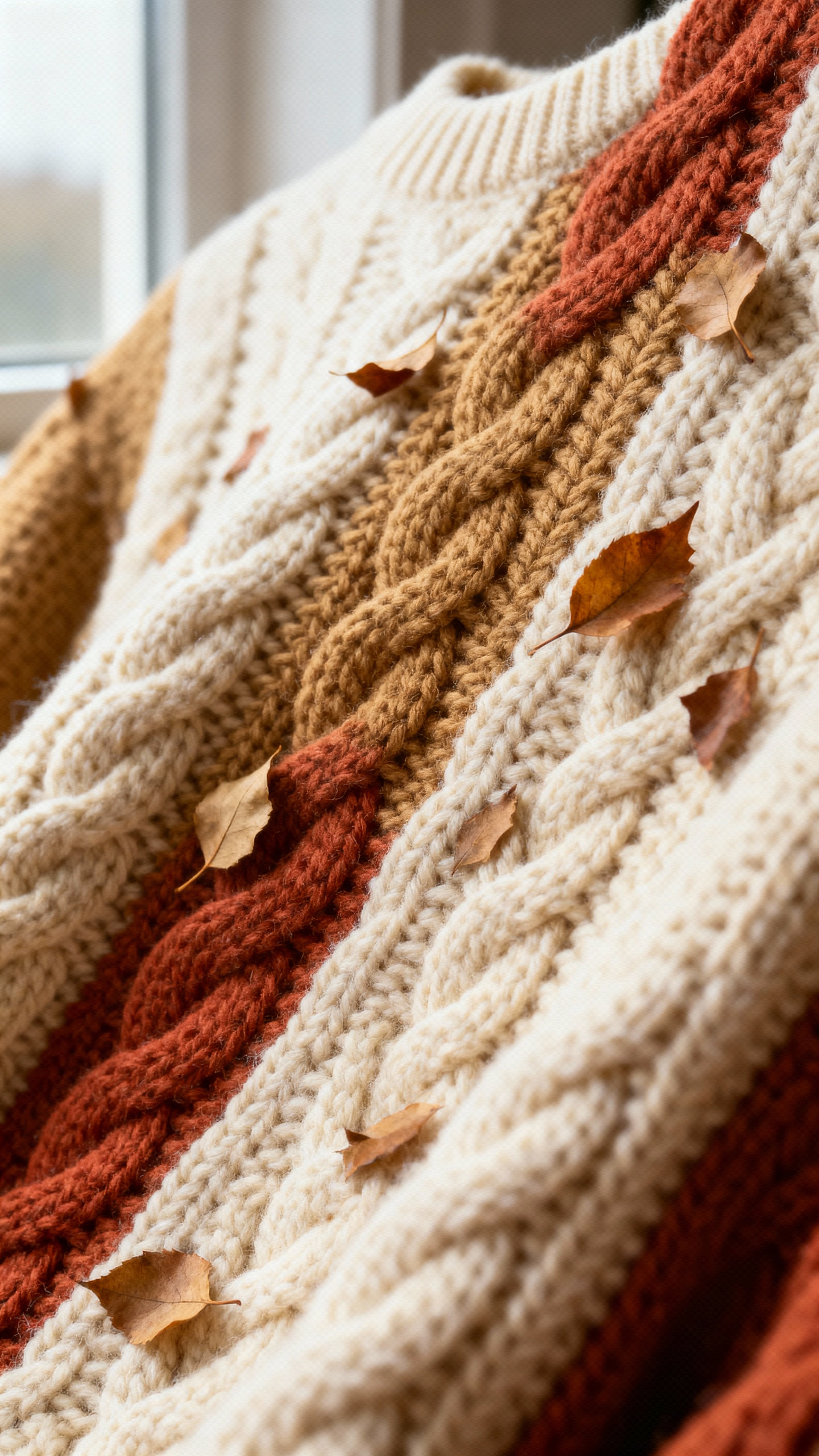 Tight macro of a cable-knit sweater with fallen leaf fragments in plush cream and camel yarns with rust accents, diagonal knit lines, shallow DOF and top 30% softly defocused, soft window light and warm clarity.