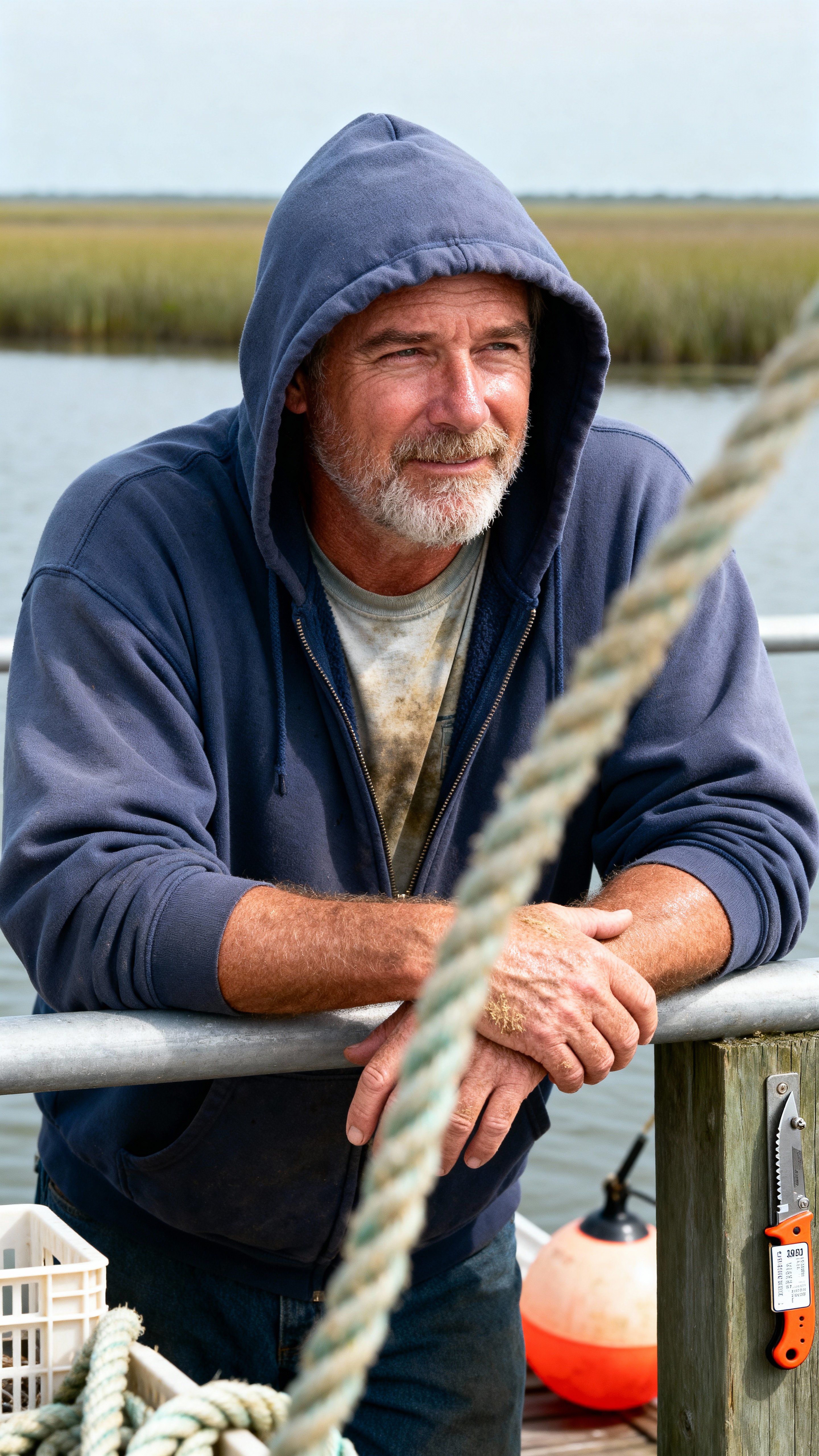 Half-body portrait of Caleb, a shrimp-boat captain in his 50s on a Louisiana dock: navy hoodie, stained off-white tee, sunbronzed hands, stubble, marsh-green backdrop with buoy-orange tag, coiled rope foreground, soft wrap light that flatly