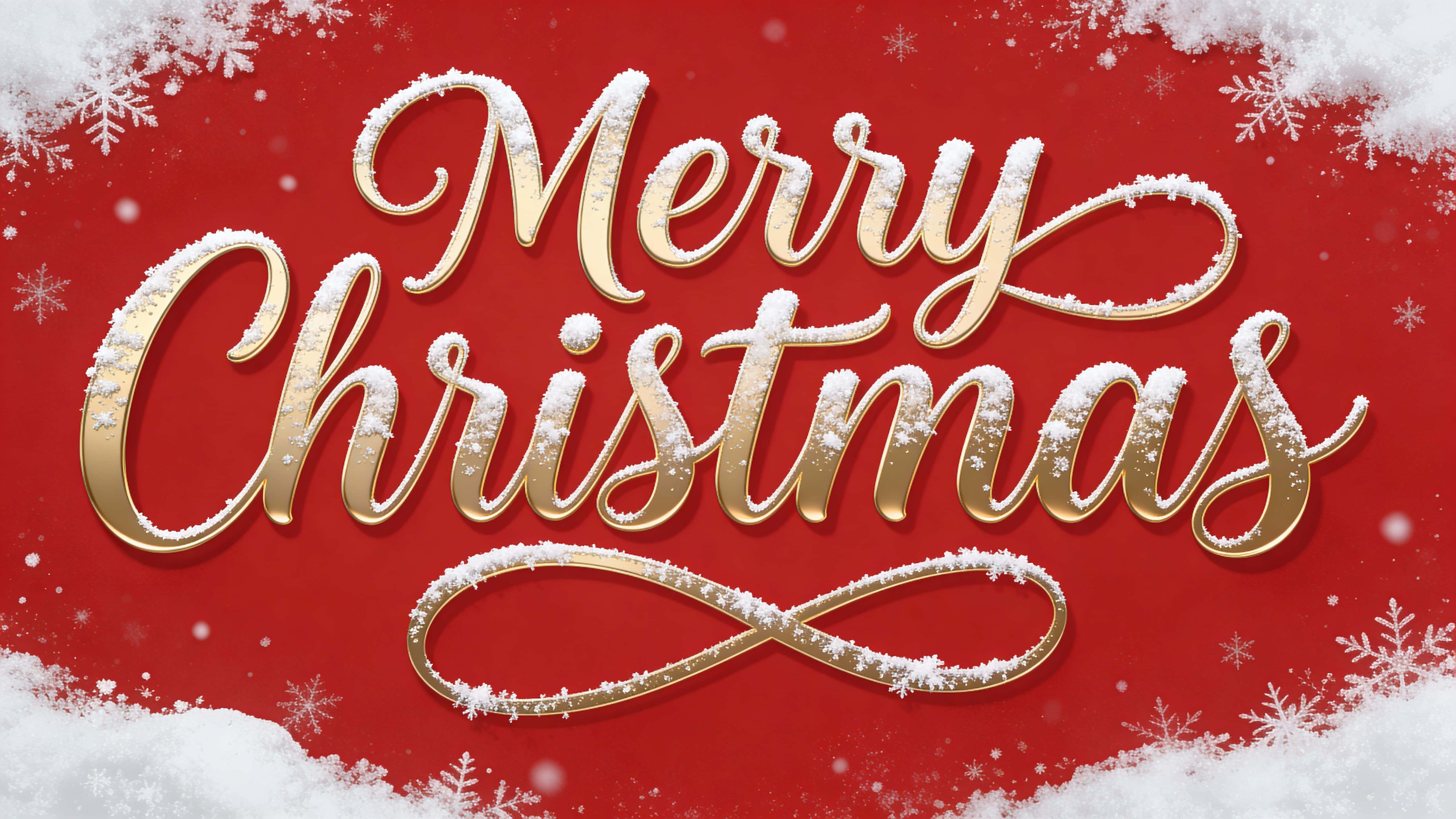 Elegant "Merry Christmas" luxury calligraphy centered in 16:9 with generous padding and balanced spacing, refined curves and soft depth, with delicate frost and light snow on strokes against a rich red background.