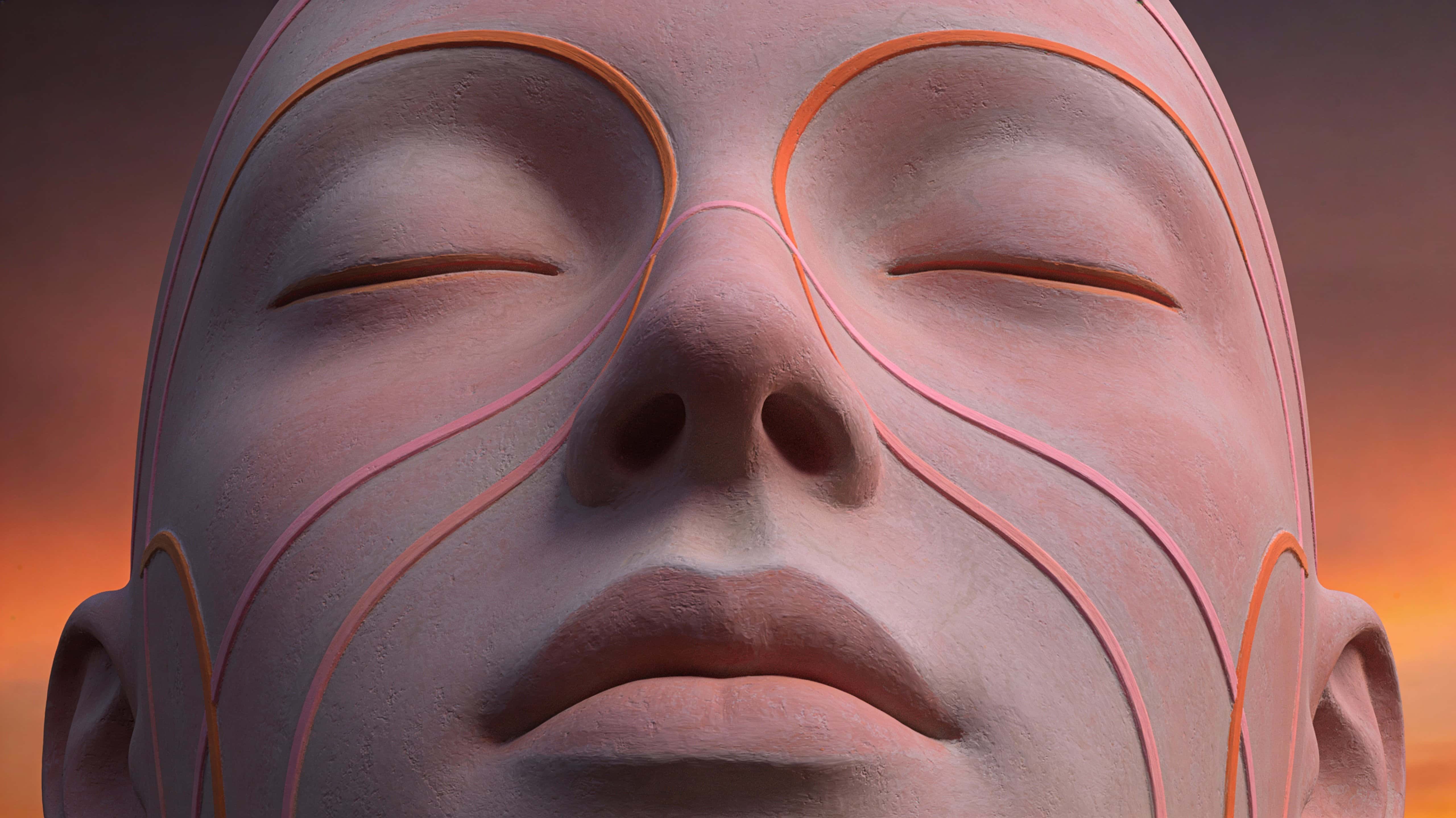 A calm face sculpted in soft rose-gray with thin sunset-orange and pastel-pink contour lines tracing closed eyes and lips, set against a dim warm-toned background.