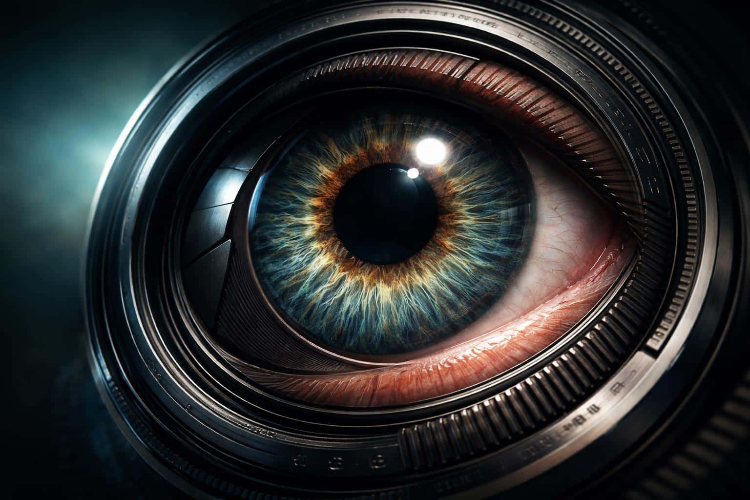 Surreal digital painting of a camera lens transforming into a human eye, composed for a 3:2 poster-cover with uncanny, tactile detail and moody lighting.