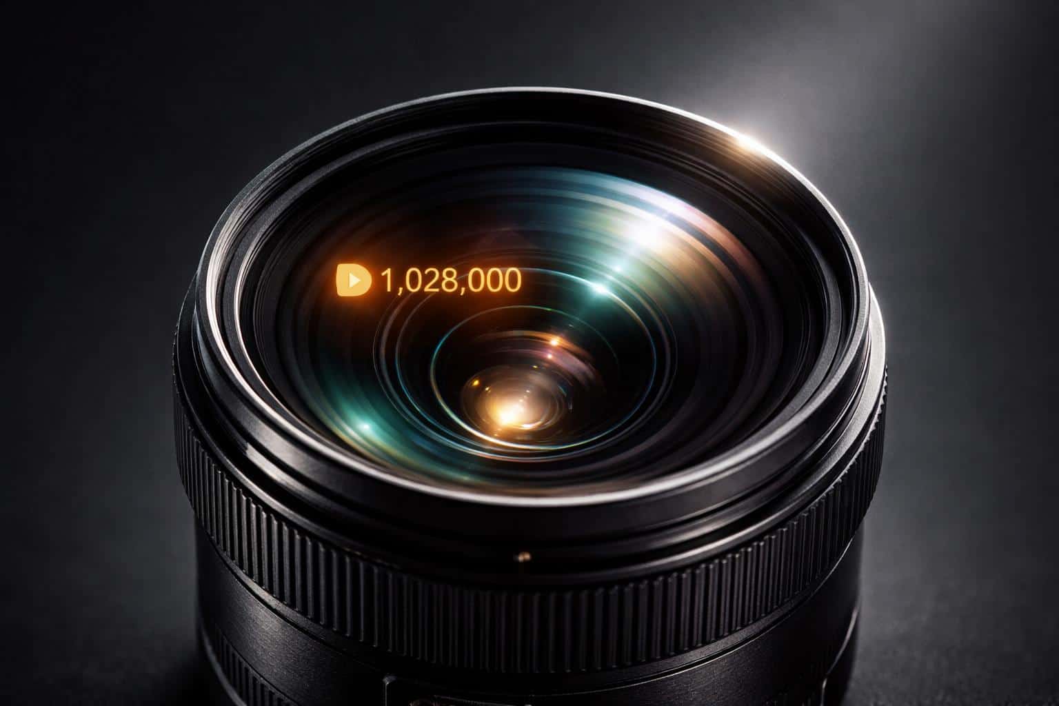 Close-up product photograph of a camera lens that reflects a glowing viral view-count overlay, rendered for dramatic social-post hero use in a minimal, moody style.
