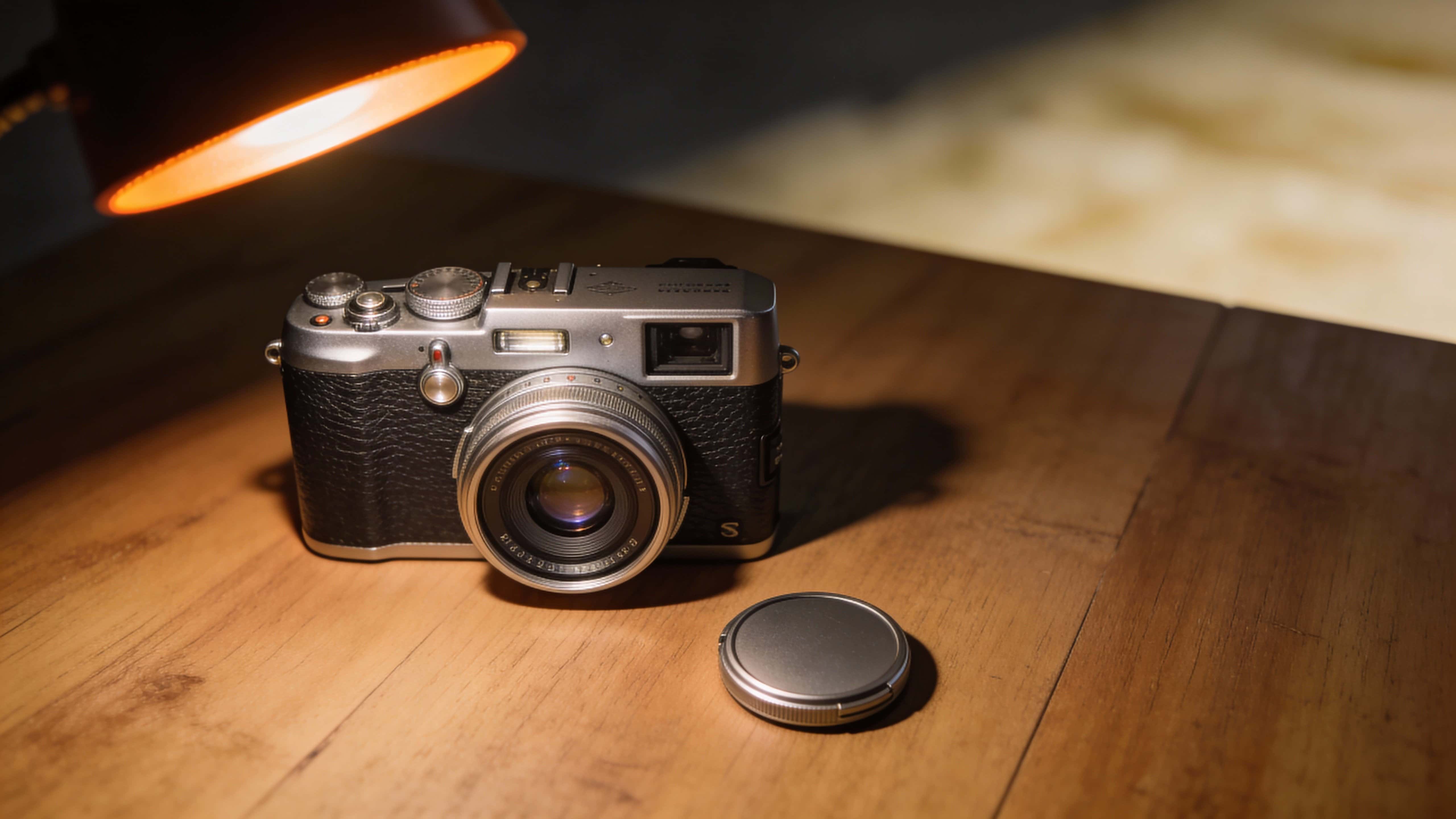 A warm-lit camera rests on a wooden desk in a 16:9 still-life composition, photographed with soft directional light, shallow depth, and generous negative space.