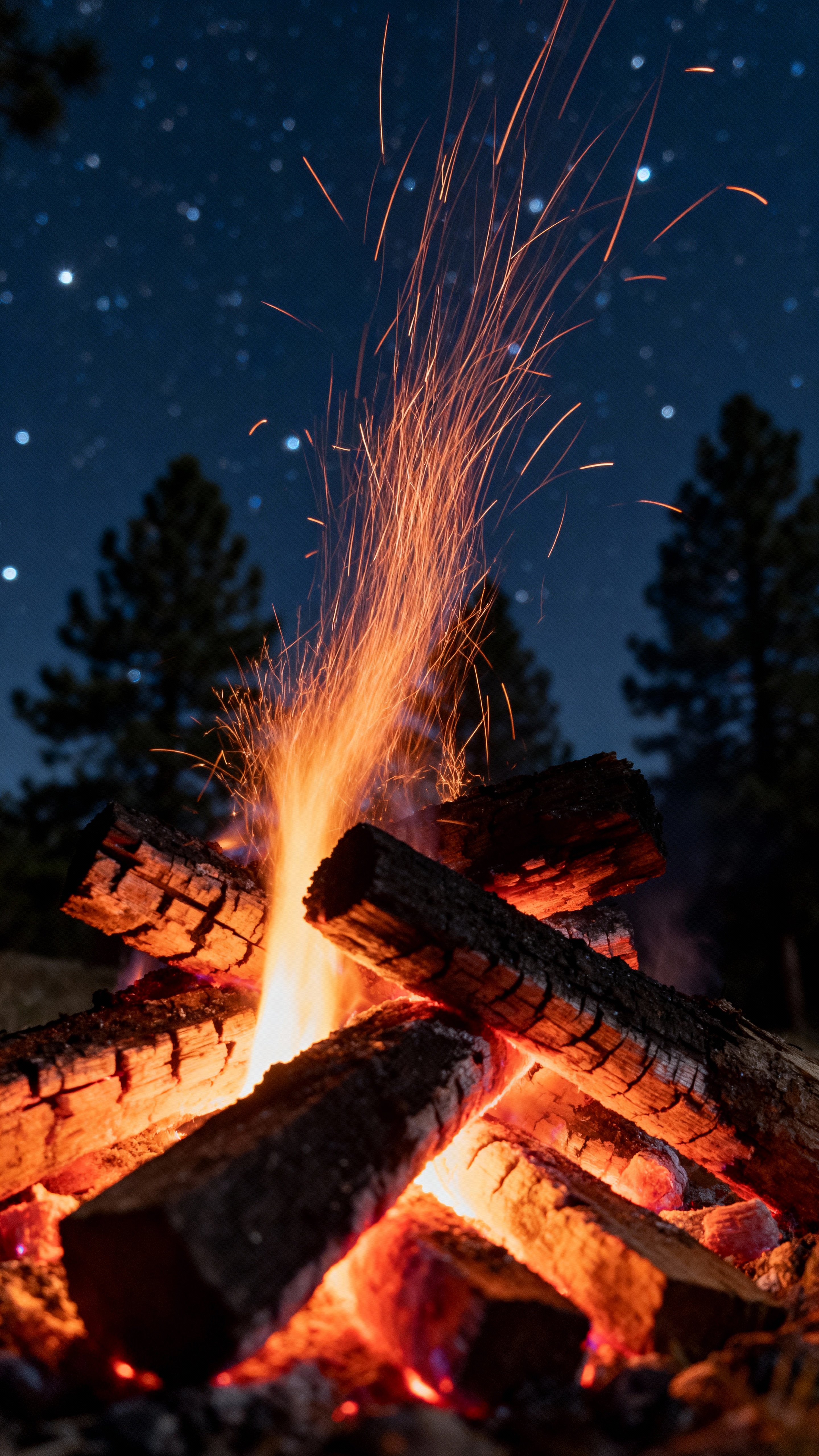 Close 35mm photograph of glowing campfire embers and long-exposure spark trails at night, blurred pine silhouettes and a deep starry sky framing warm tones #FF6A00, #B87333, #FFB86B against coal #0B0B0B, navy #061A40 and pine #0B3D2E.