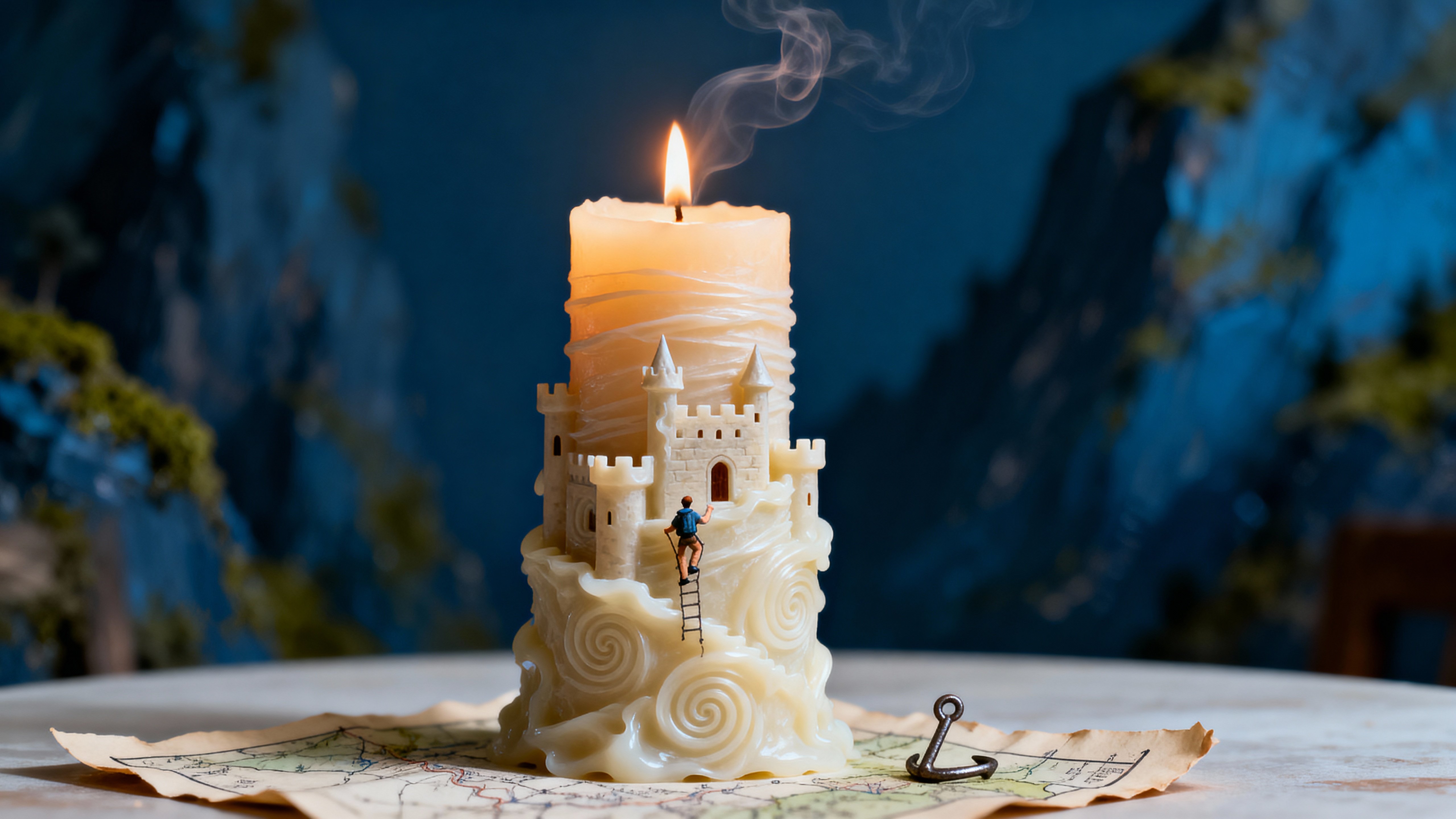 A thick candle burned halfway reveals a vertical miniature castle carved into concentric wax layers, while a small figure ascends melted ridges like weathered cliffs, all bathed in warm light.