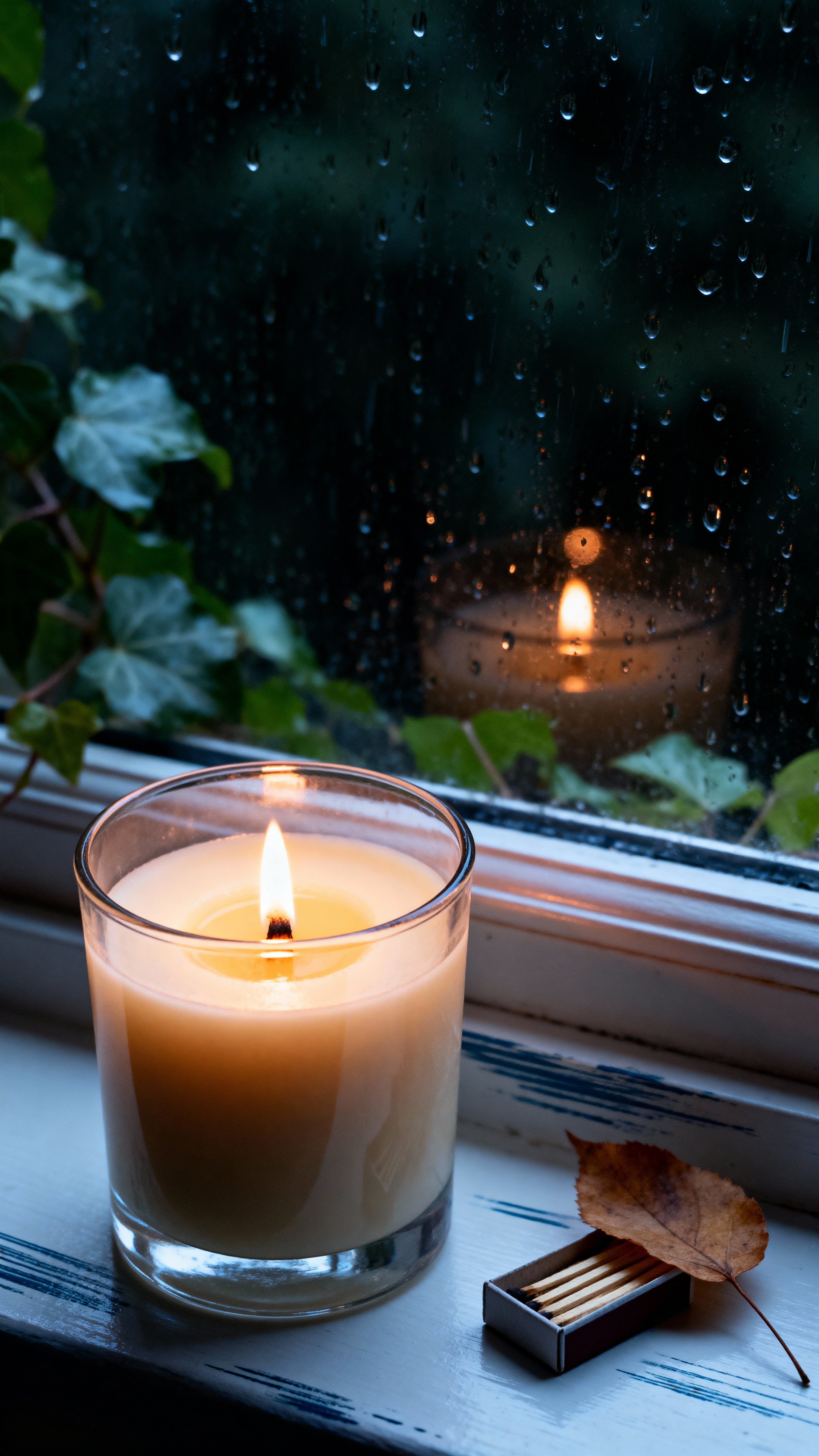 A cinnamon-scented candle glows in a clear glass vessel on a rain-speckled windowsill with creamy wax, a faint soot ring, shallow-focus flame and soft bokeh raindrops.