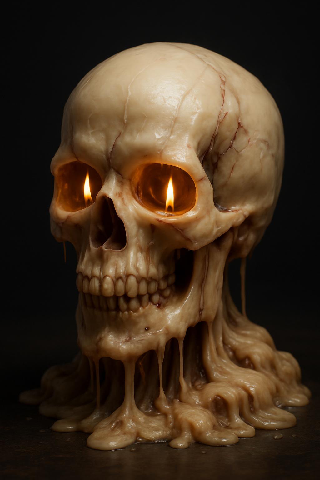 A sculpted human skull of candle wax, its surface a study in melted decay: glossy planes interrupted by jagged cooled ridges, burning eye-sockets, and pooled wax that hints at slow transformation. Dark, gothic tones and drifting smoke make the scene feel ritualistic and uncanny.