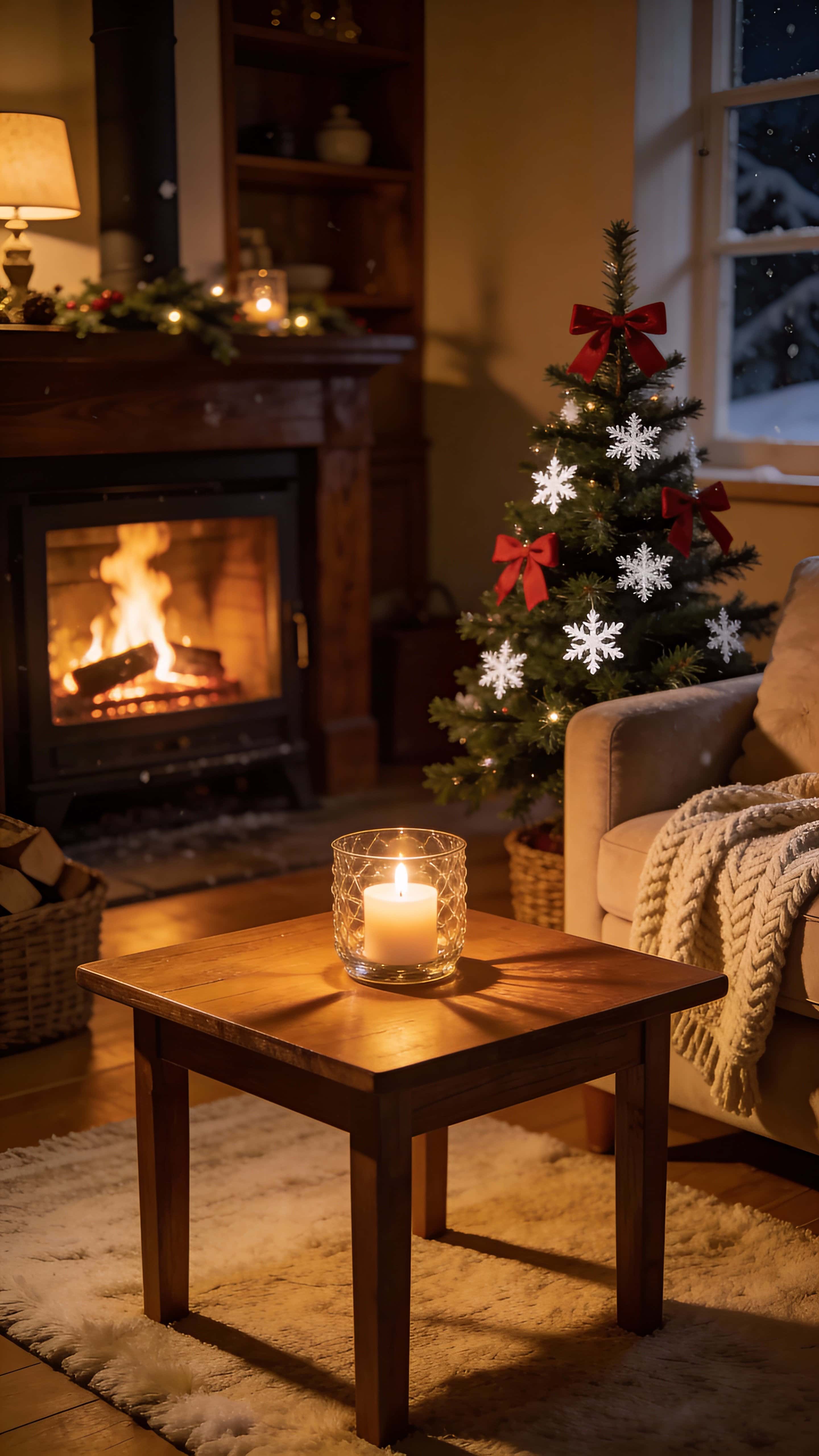 A cozy 9:16 interior showing a candlelit Christmas corner with warm golden glow, soft shadows, subtle festive decorations, and a peaceful, intimate winter-night atmosphere.